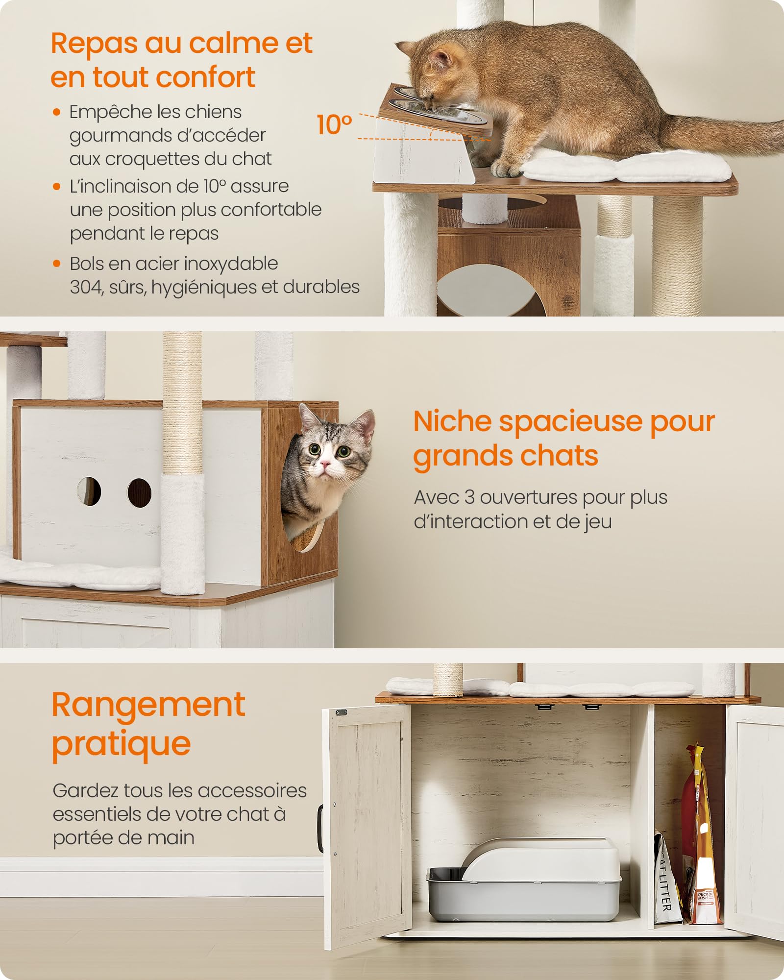 Feandrea Arbre à Chat de 170 cm, avec Cache-Litière, Niche, Station d’Alimentation, Rangement, Poteaux à Griffer, Hamac, Coussins Lavables, Marron Miel et Blanc Rustique PCT169W201