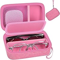 GWCASE Pink Hard Shell Travel Glasses Case Organizer & Contact Lens Kit - Adjustable Slots, Mirror, Tweezers, Fits Eyeglasses Sunglasses Men Women