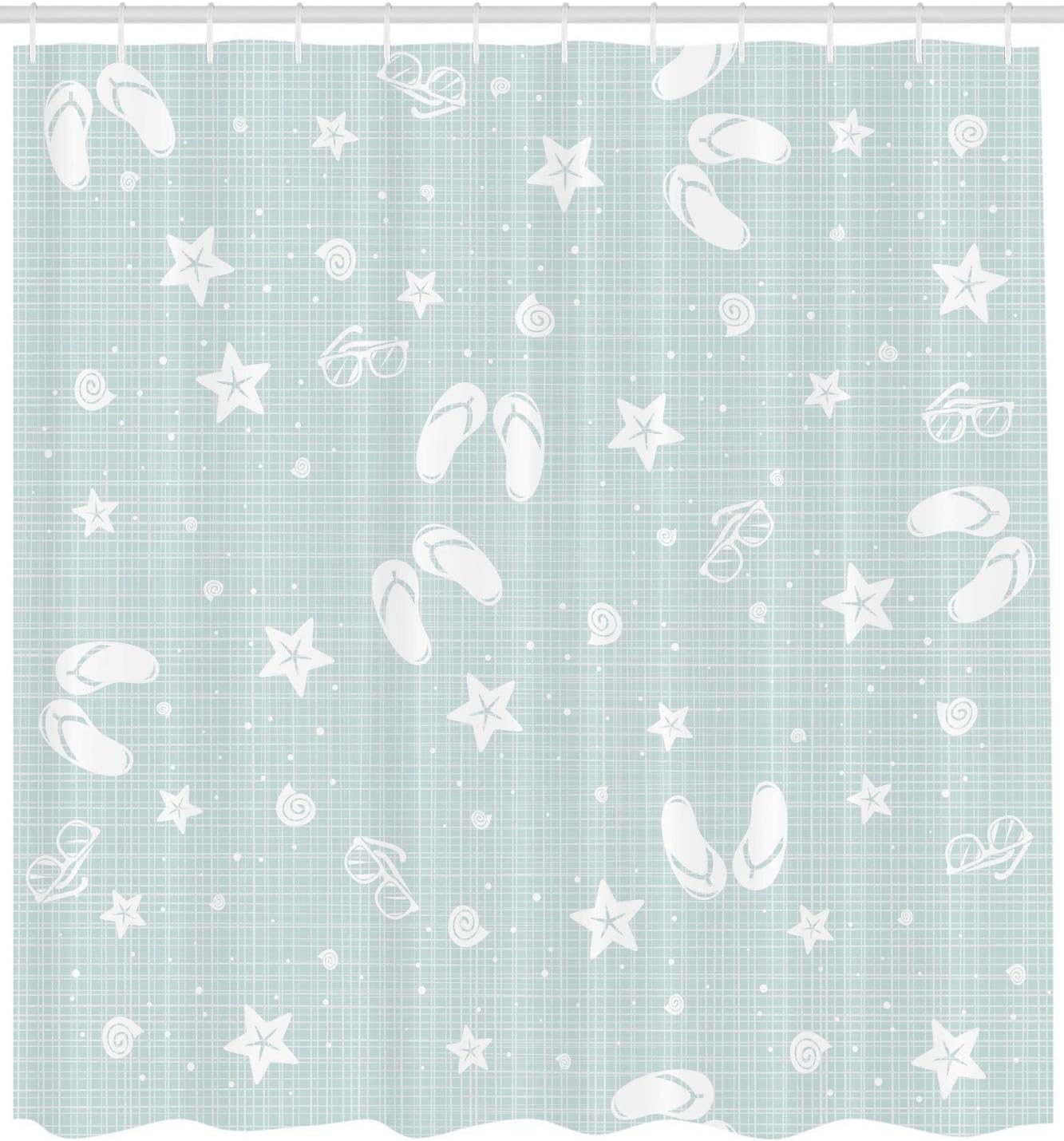 Ambesonne Aqua Shower Curtain, Beach Theme Design Shells Starfishes Flip Flops Glasses Summer Holiday Image, Cloth Fabric Bathroom Decor Set with Hooks, 69" W x 70" L, Seafoam and White