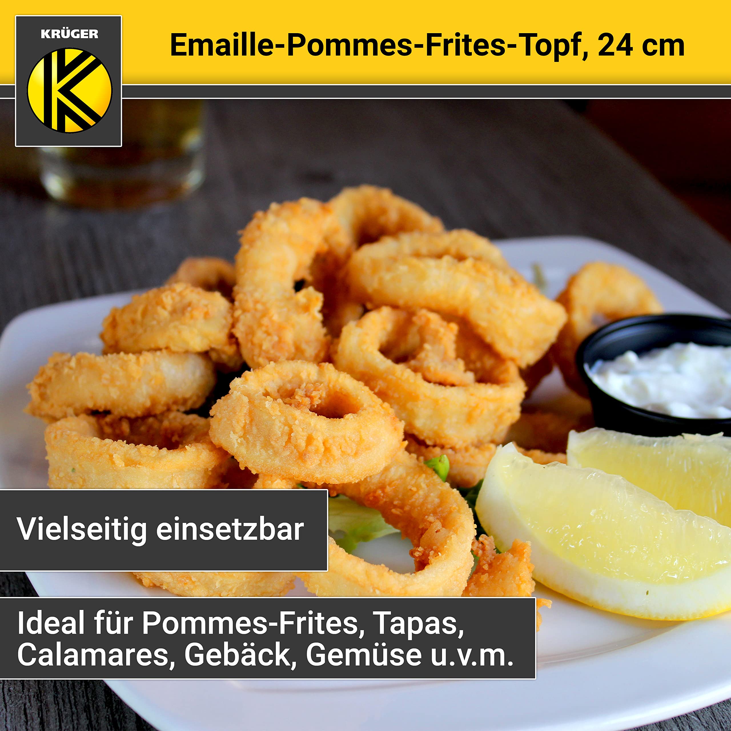 Krüger Olla esmaltada para patatas fritas con borde cromado y colador, 24 cm, perfecta conducción del calor, olla para freír patatas fritas, calamares, etc.,Emaille-Pommestopf