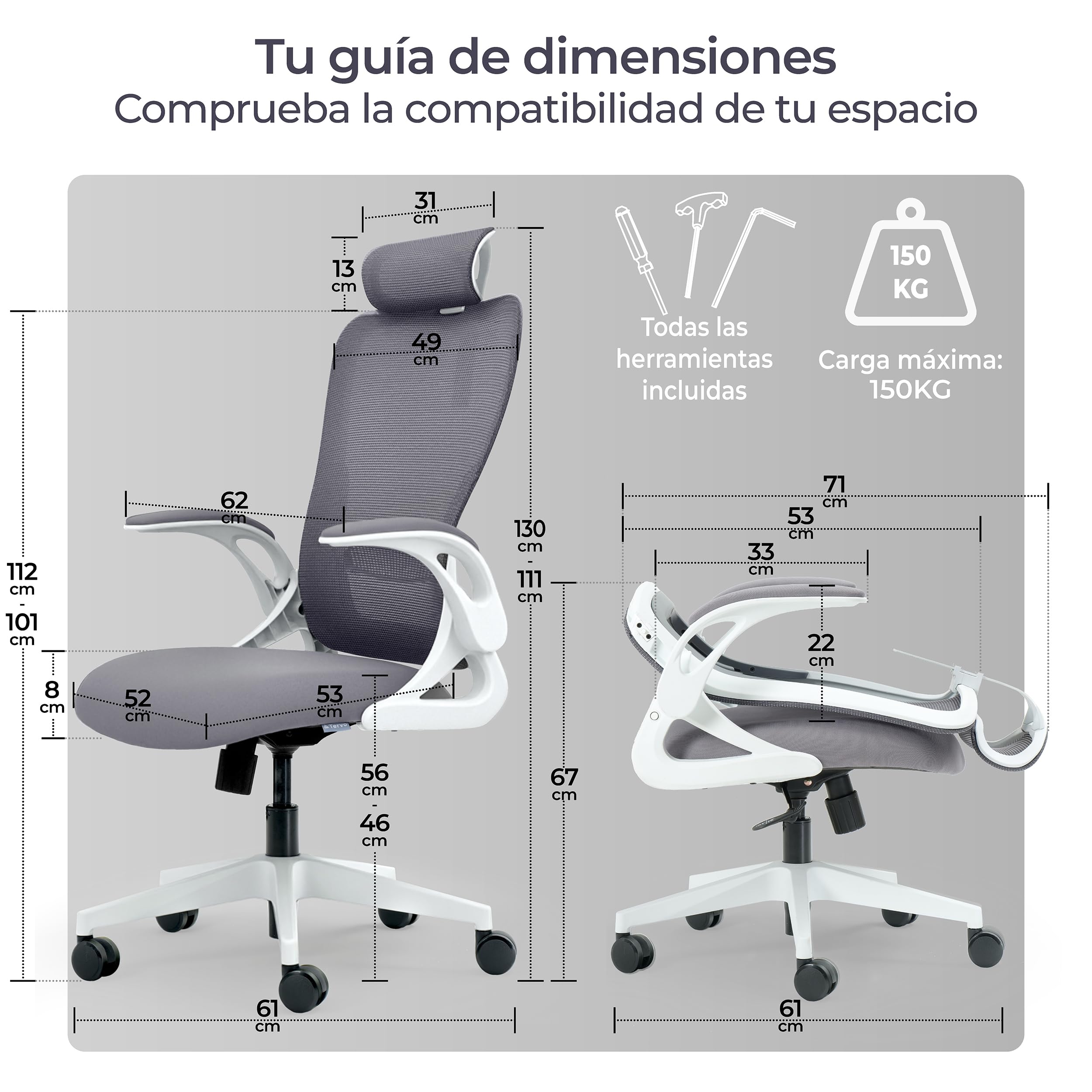 Tervo Modelo U | Silla de Oficina Plegable para Espacios Pequeños | Silla de Juego para Adultos y Niños | Silla de Ordenador de Malla Ergonómica para Dormitorio