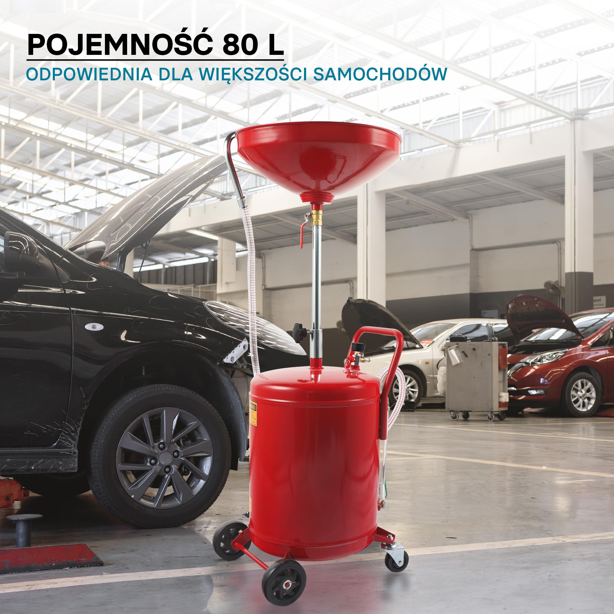 Zlewarka do oleju o pojemności 80l regulowana 122-168cm z 4 kołami opróżniane za pomocą powietrza