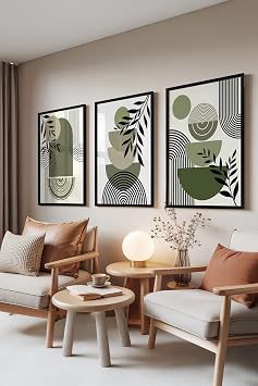 Zestia Siyah  er eveli 3 l  Tablo Seti, Ye il Minimal Yaprak Formlar , Salon Set No 30059 30 x 40