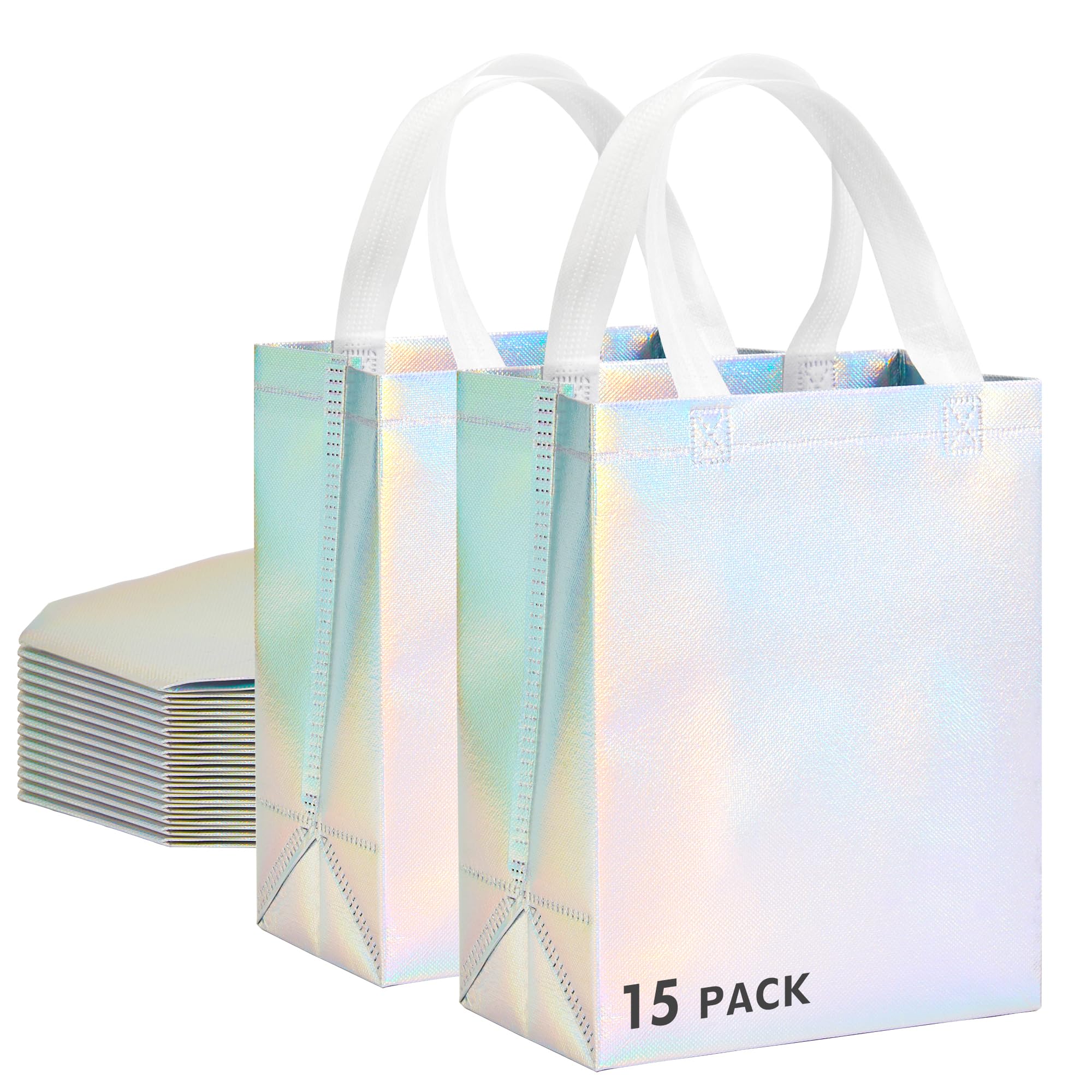 Photo 1 of RACETOP 15 Pcs Iridescent Glossy Gift Bags Medium Size, 8x4x10 Inch Holographic Reusable Gift Bags with Handles, Ideal for Birthday, Wedding, Bachelorette, Party Favors, Holiday Goodie