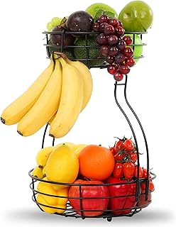Sponsored Ad - WELLCASA 2-Tier Metal Countertop Fruit Vegetables Basket, Bread Wire Basket, Fruit Storage with Banana Hang...