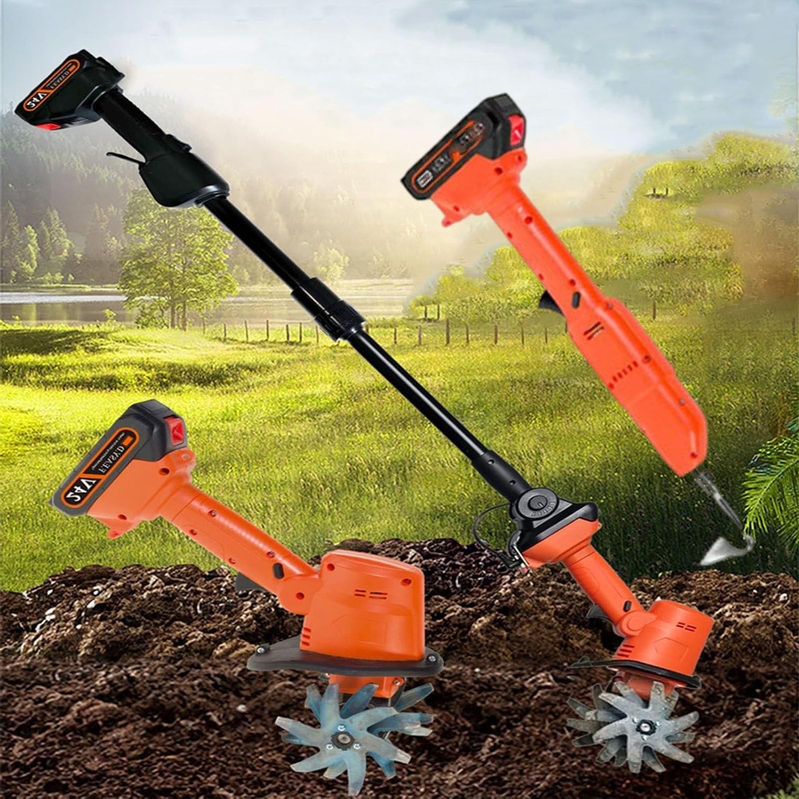 Rspppjq One Color Electric Garden Tiller And Digging Hoe With 2X Batteries And Telescopic Pole, Cordless Tiller Cultivator, Hand-Held Lawn Yard Garden Tiller For Gardening, Soil Cultivation, Ground Breaking, Tending