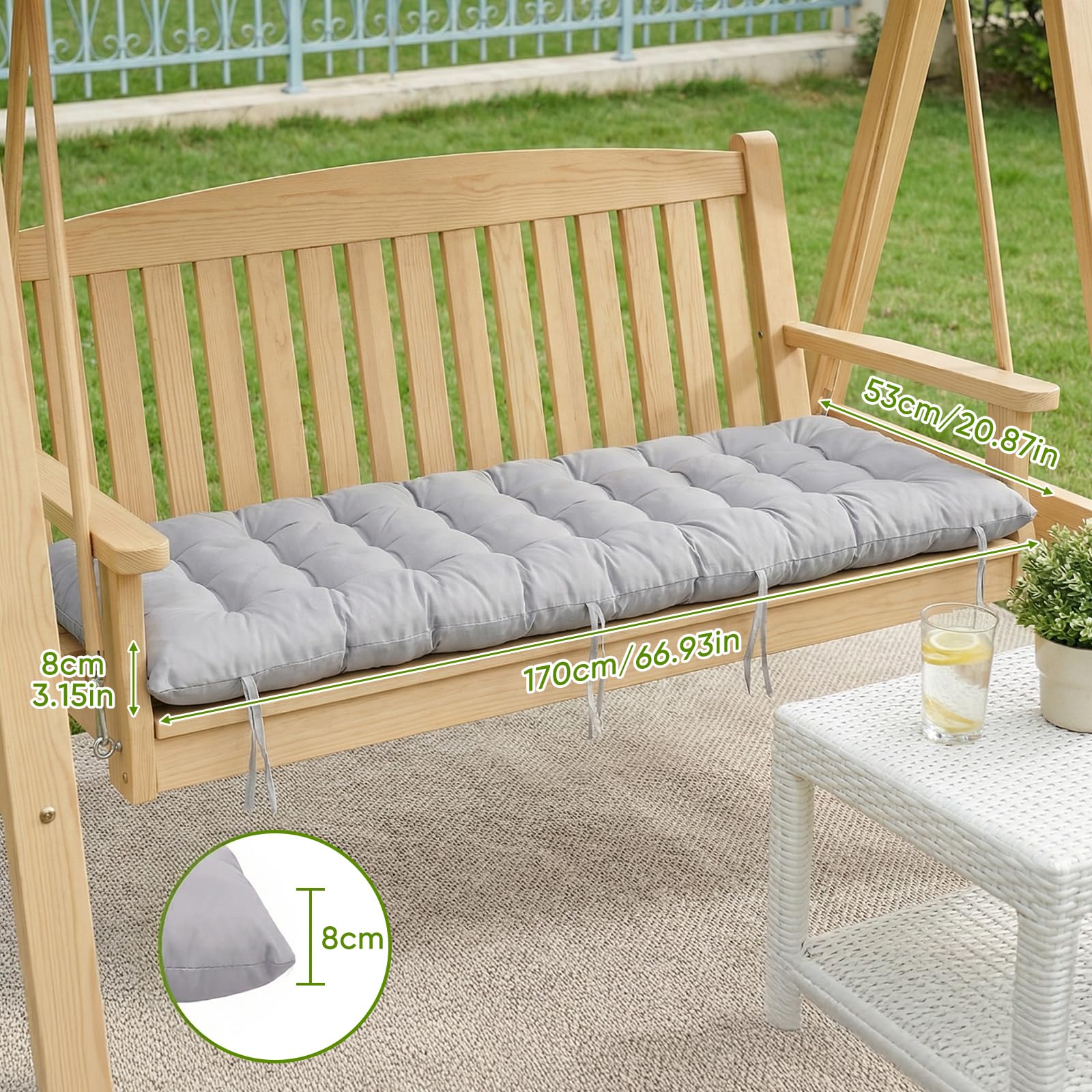 Lot de 2 coussins pour chaise longue - 170 x 53 x 8 cm - Épaisseur : 170 x 53 x 8 cm - Pour chaise longue - Avec cravate - Pour vacances, extérieur, chaise longue - Gris