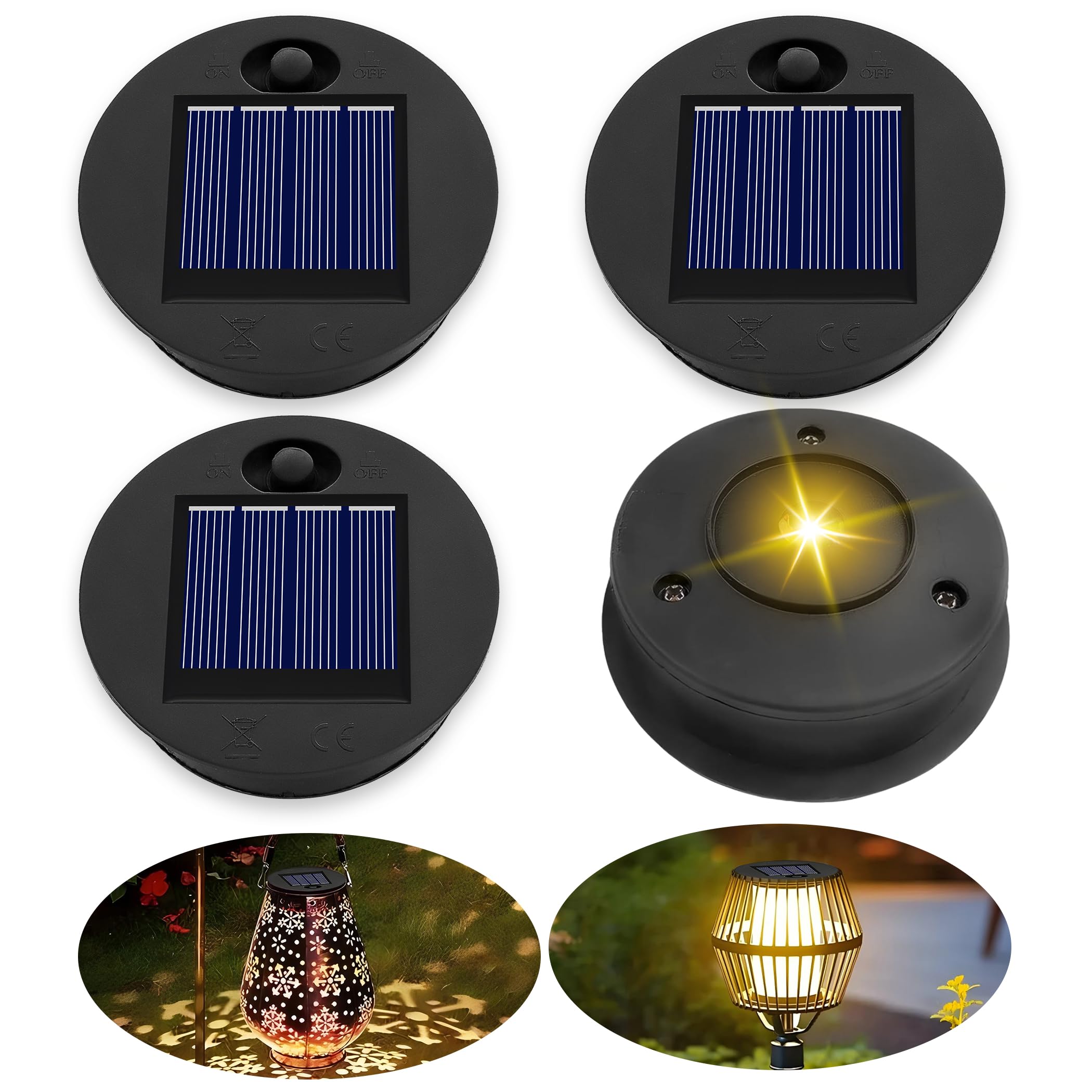 Repuesto Luz Solar LED 7cm para Farolillo Exterior, Luz Cálida, 1.2V 600mAh, IP44 Lámpara Solar para Linterna de Jardín Exterior, Parte Superior de Repuesto Luces Solares, 4 piezas