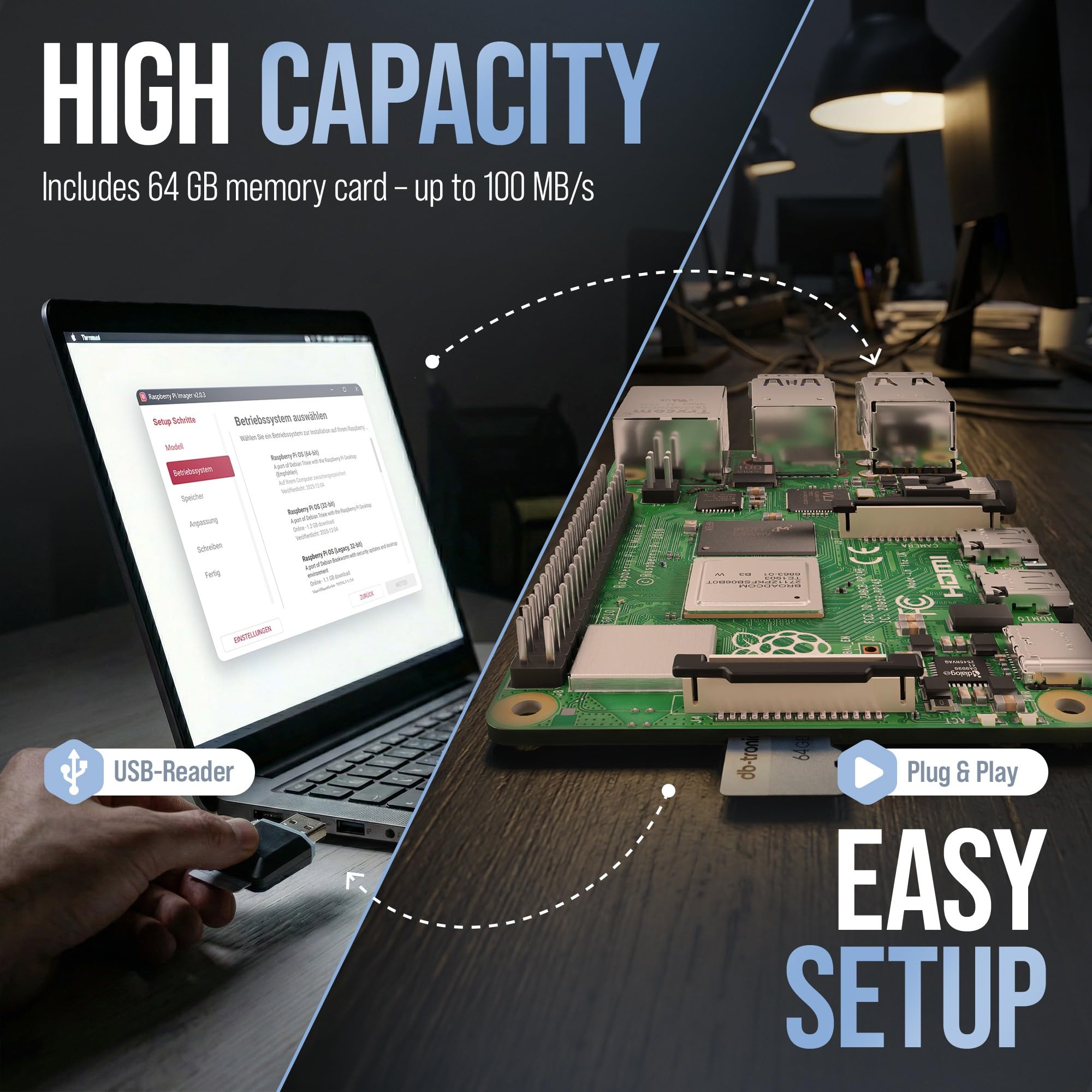 db-tronic Raspberry Pi 4 Starter Kit | Edycja 64 GB | Zasilacz 15 W | Obudowa | Micro HDMI 4K | Radiatory | idealny do Home Assistant i smart home (1GB)