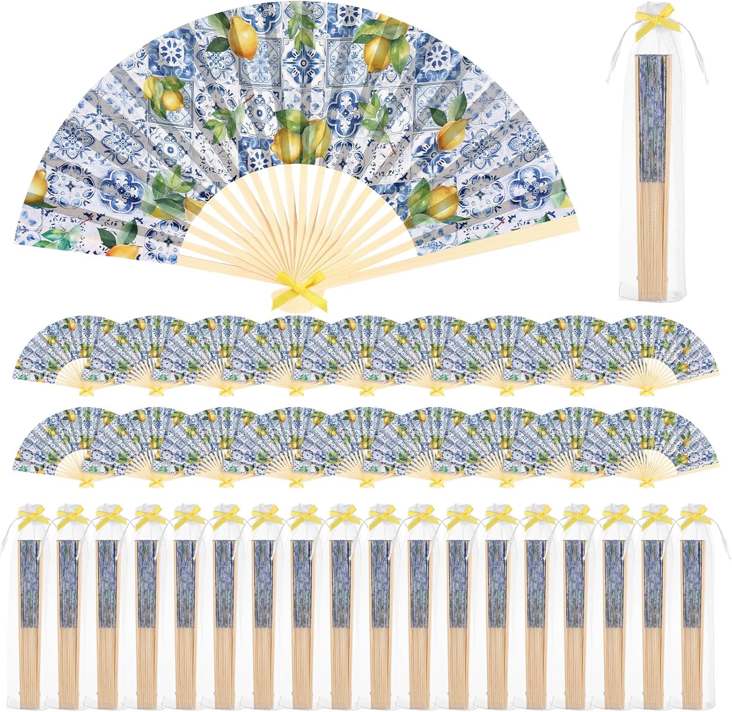 36 Sets Lemon Handheld Folding Fans with White Organza Bags and Yellow Bows Tile Capri Lemon Hand Fan Bulk for Wedding Guests Gift Bridal Party Decorations Church Baby Shower Supplies