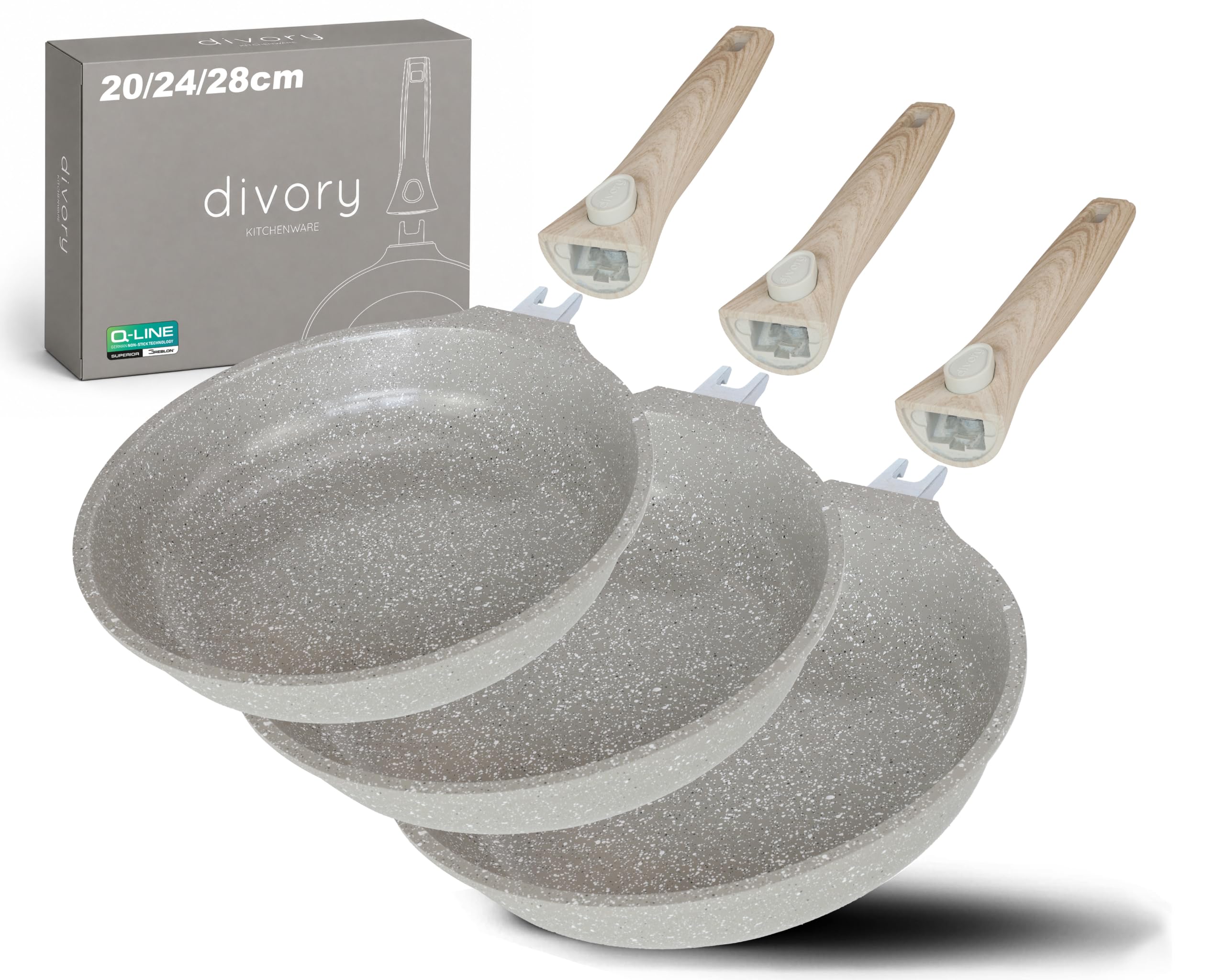 DIVORY Set di padelle in ceramica da 20, 24 e 28 cm – Padelle con manico rimovibile, rivestimento in ceramica, adatte all'induzione, prive di PFAS e PTFE (Natura, set da 3 pezzi (20/24/28 cm))