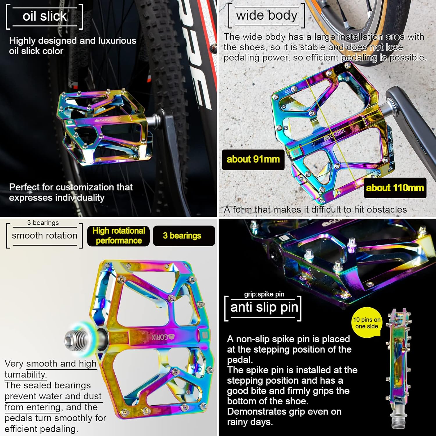 GORIX Bike Flat Pedals Wide CNC 3 Bbearings Lightweight with Non-Slip Pin Spike Oil Slick Road Mountain MTB Bicycle (GX-FX181)