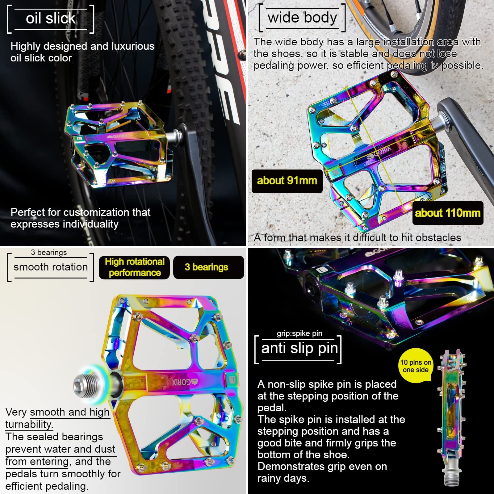 Pedali Bicicletta GORIX GX-FY251 | Larghezza 92 Mm, Effetto Oil Slick, 3 Cuscinetti, Antiscivolo Con Puntali
