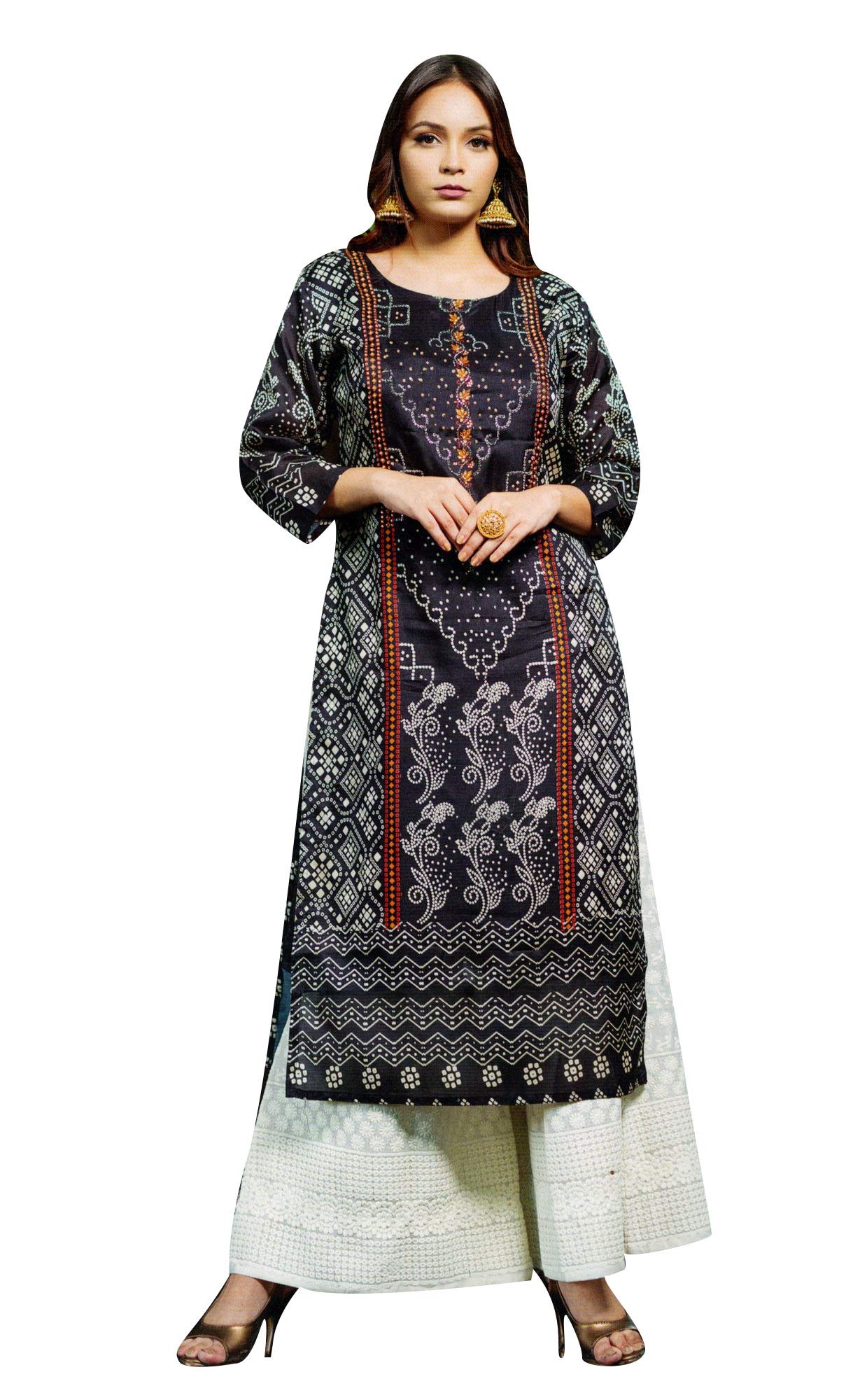 ladyline Rayon Silk Bandhani Printed Kurtis for Women with Palazzo Pants Chikan Work Set Kurta Indian Tunic