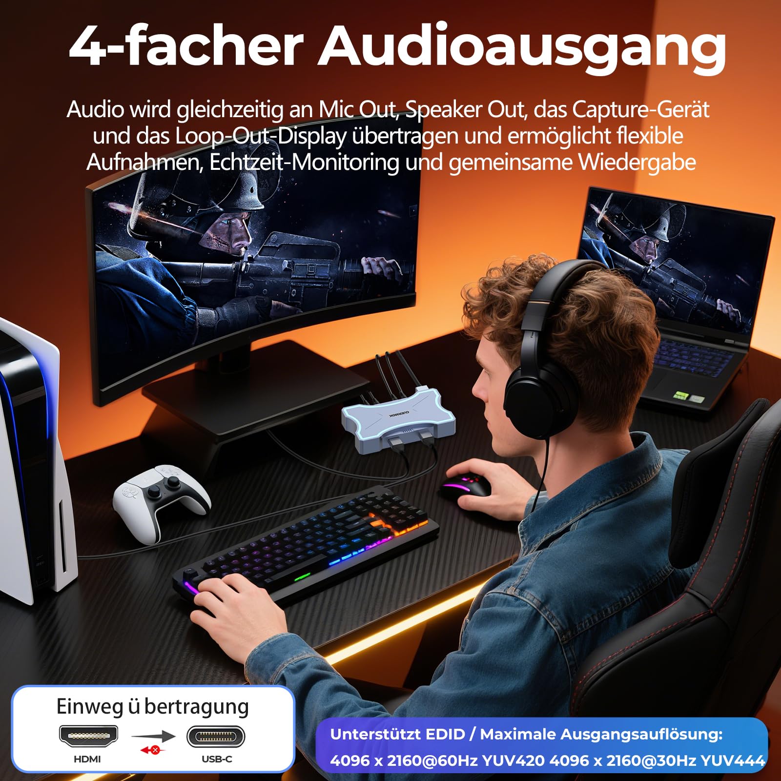 Guermok 4K HDMI Capture Card with Touch LED, Dual HDMI In/Loop-Out, USB 3.0, 4K@60Hz/ 2K@144Hz Video Capture, Mic/Line In, 4K60 Passthrough, Efficient Cooling, Streaming and Gaming for Switch2/1