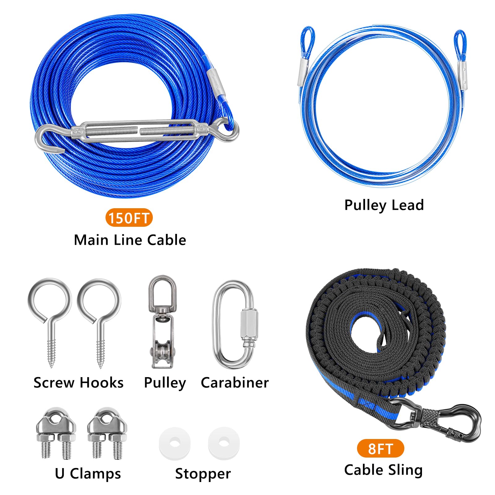 XiaZ Hundeleinenkabel, 45,7 m, Trolley-Läuferkabel für Hunde bis zu 113,4 kg, Hundeleine für Hof, Camping, Outdoor, mit 2,4 m Nylon-Bungee-Läufer, Kabelschlinge zum Schutz von Bäumen, Blau