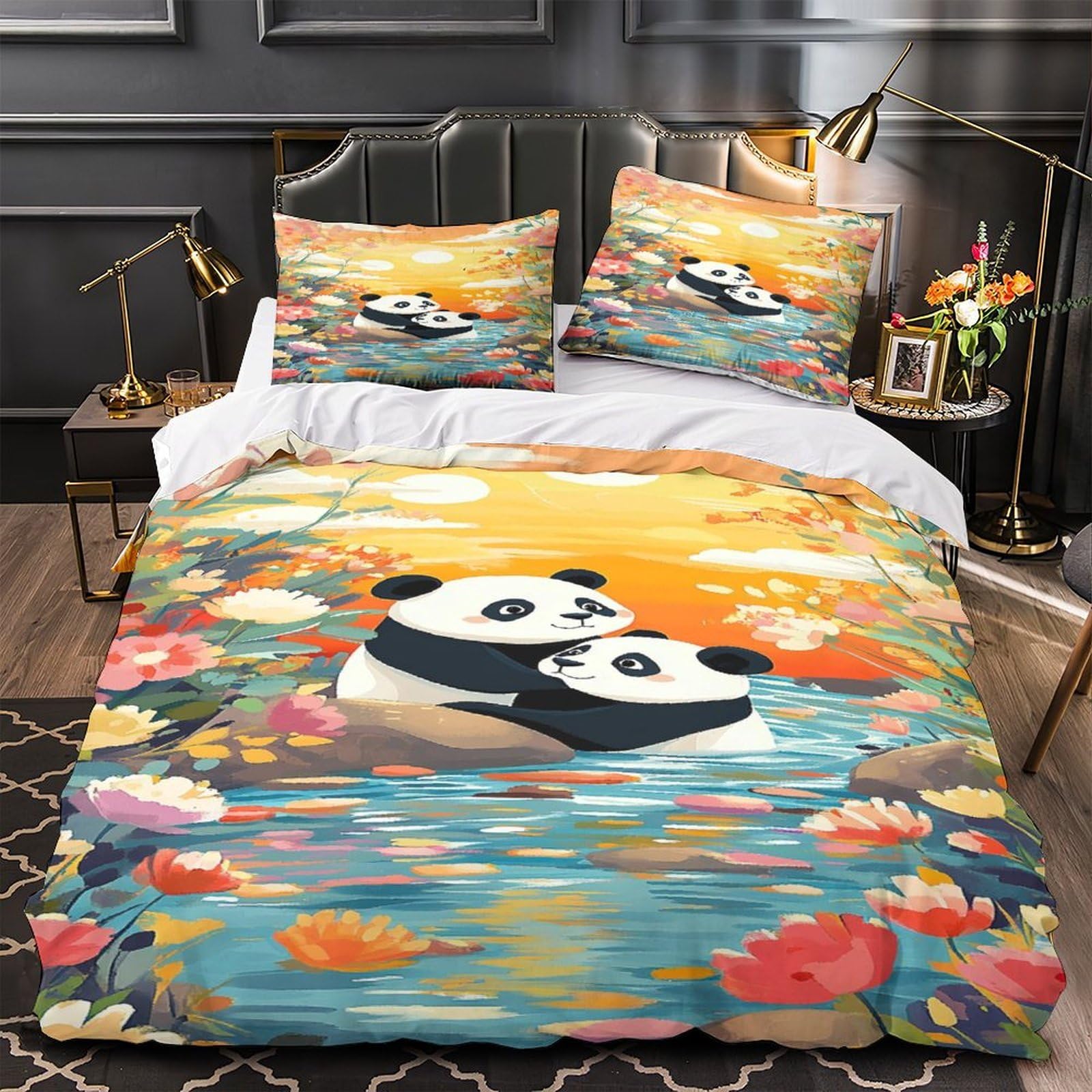 Panda-Pärchen 3D-Bedruckt 3er-Set Steppbezug Cartoon-Blumenszene Bettbezug Mikrofaser Hypoallergen Staubmilbenfest für Jungen Mädchen Erwachsene Super King（260x220cm）