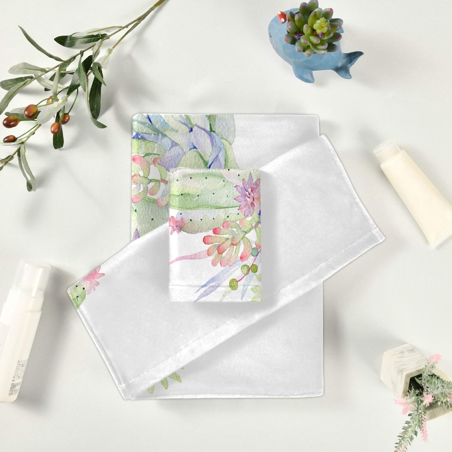 Naanle 3-Piece Towel Set,Watercolor Succulent Cactus Flower Bath Towel Sets, 1 Bath Towel, 1 Hand Towel, 1 Washcloth, Succulent Cactus Floral Plant Absorbent Soft Towels Quick Drying for Bathroom