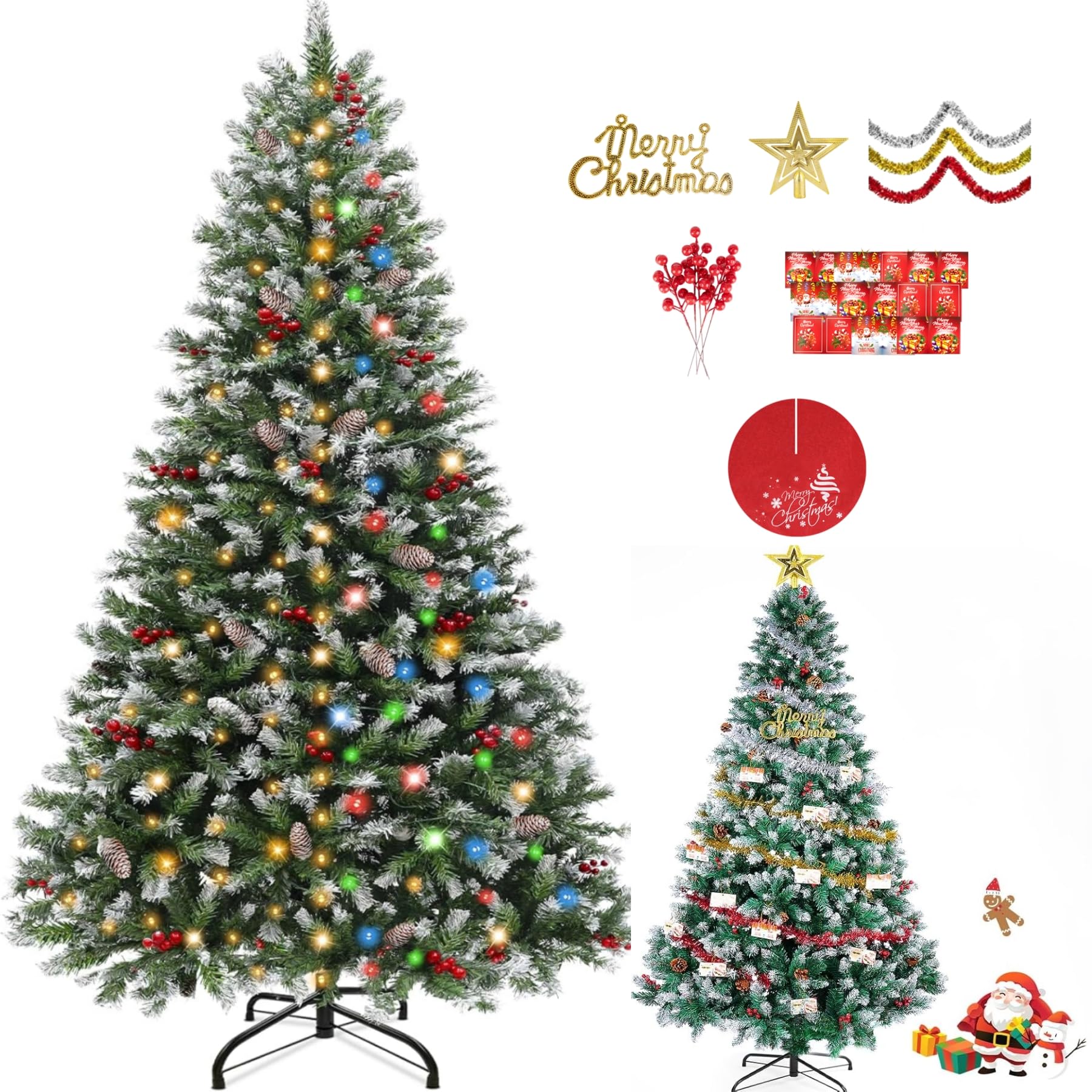 SINCHER Artificial Christmas Tree, NO Prelit LIGHT 6FT Holiday Xmas Tree 1400 Branch Tips, Upgraded Metal Base, Includes 6 Different Decorations NO Prelit LIGHT Luxury Tree 6ft With Dec Set