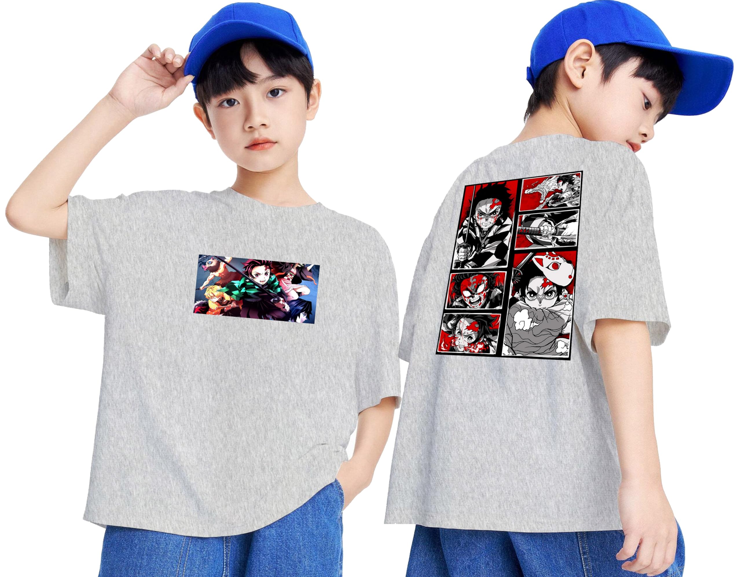 LOCAVESTIRAnime T Shirt for Boys - Kids Half Sleeve Drop Shoulder Anim Print Tshirt Melange White