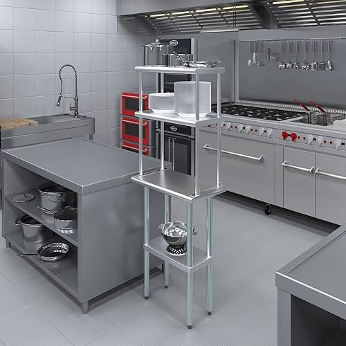 Miniatura 4 de Mesa de trabajo de acero inoxidable con estante ancho de doble nivel | Combo de mesa de preparación de cocina y estantes de metal