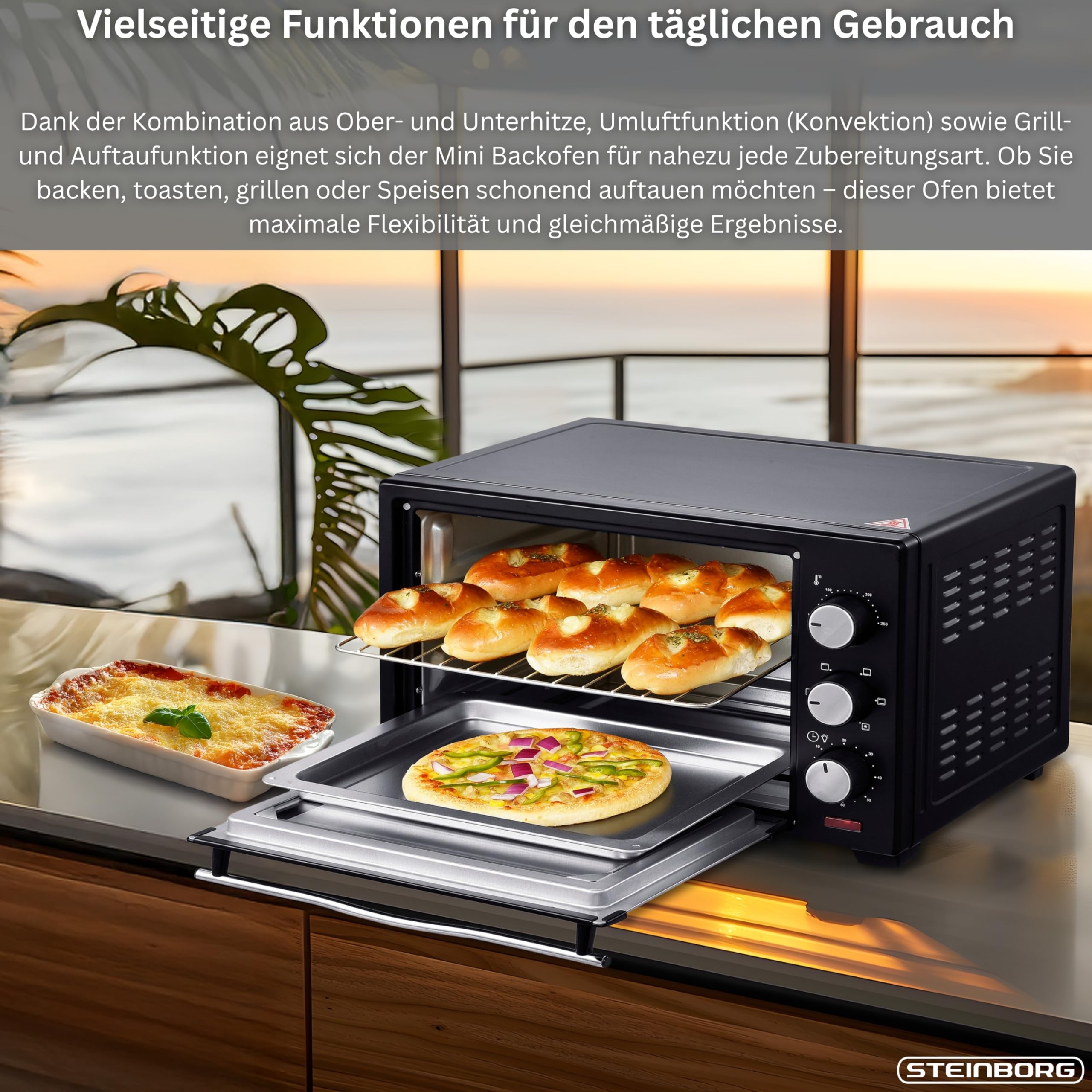 Steinborg® 25 Liter Mini Backofen mit Umluft Pizza Ofen inkl. Backblech und Grillrost Miniofen 60 Min. Timer – 1.600 Watt