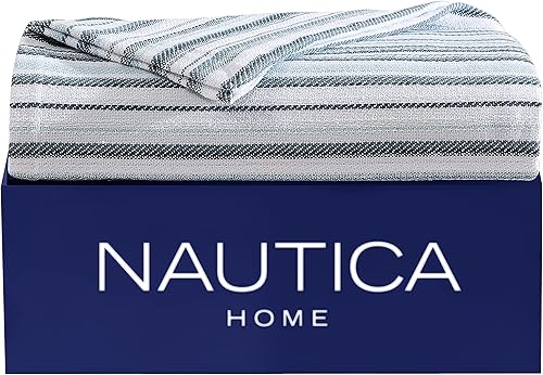 Nautica Ropa de cama de algodón suave, tamaño mediano, decoración del hogar para todas las estaciones, tamaño Queen, azul a rayas Pembrook