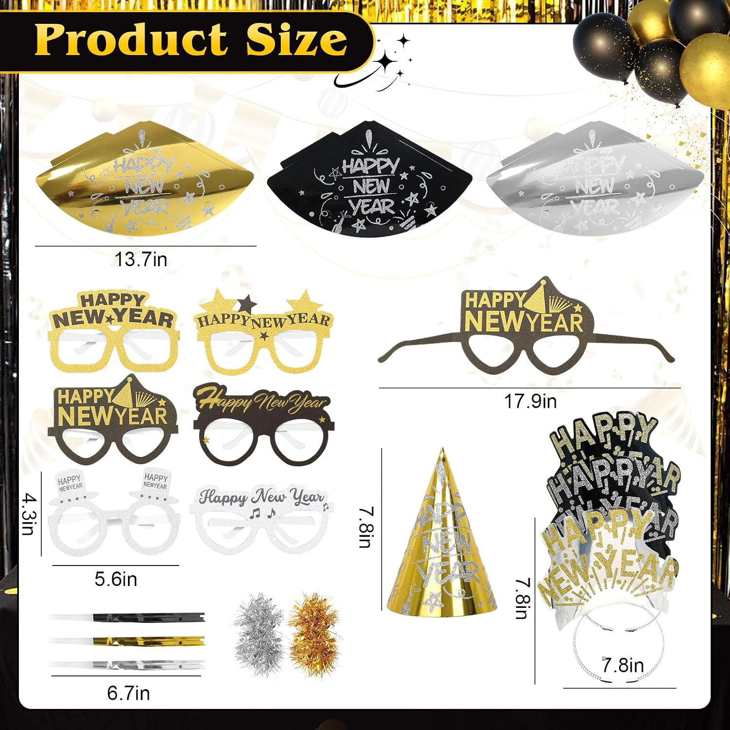 42 Pieces 2026 New Year's Eve Party Supplies Kit - Black Gold Silver Happy New Year Paper Glasses, Headband Tiaras, Cone Hats, Noise Makers for New years Eve Party Decorations image 3