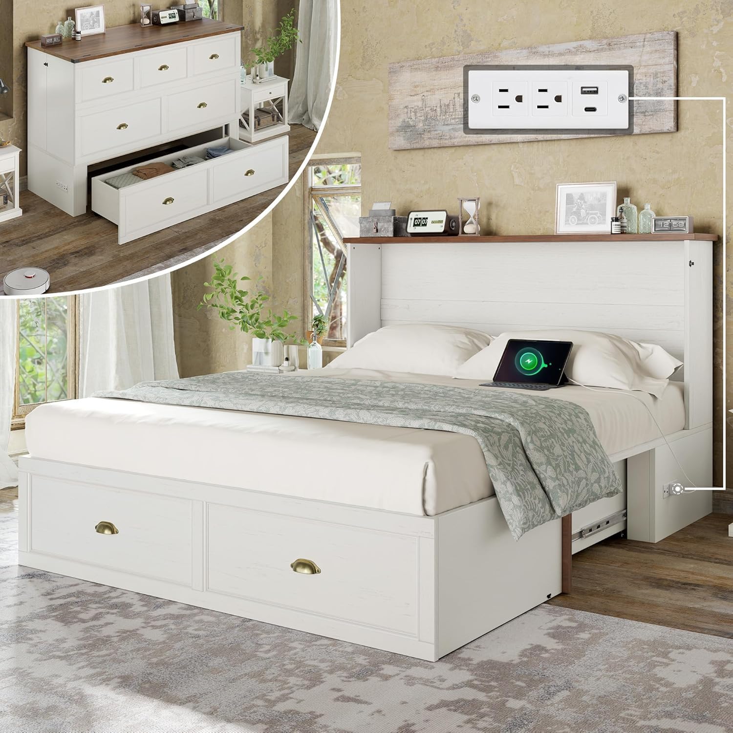 AMERLIFE Full Size Murphy Bed, Farmhouse Wooden Cabinet with Charging Station and Storage Drawer for Bedroom/Office/Guest Room, White+Barnwood
