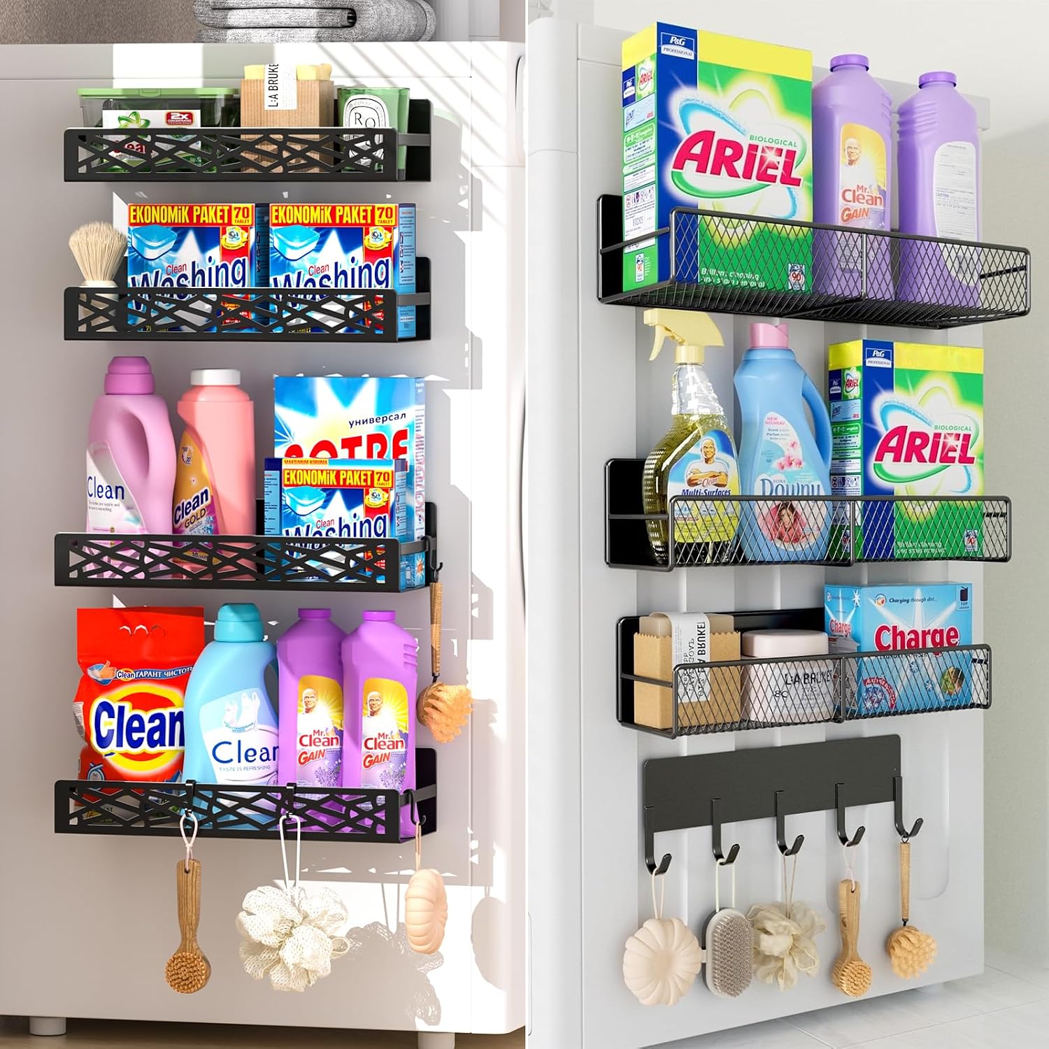 DTUQYX 4 Pack Magnetic Shelves for Washing Machine Laundry Organizer with Hooks & Magnetic Washing Machine Side Storage Rack Shelves 4-Pack, Heavy Duty Metal Narrow Shelf with Hooks