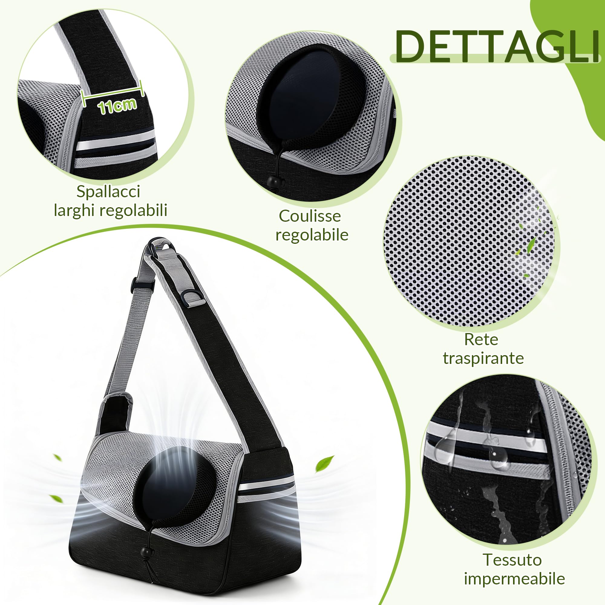 ALLSOPETS Borsa per Cani Piccoli e Gatti – Marsupio per Cani Traspirante per Cuccioli con Tracolla Regolabile e Tasca Laterale, Trasportino da Viaggio e Campeggio (Grigio Nero)