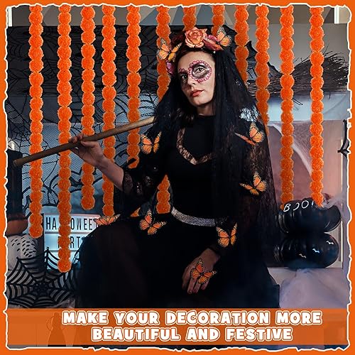 Miniatura 6 de Yunsailing Juego de 40 guirnaldas de caléndula del Día de los Muertos de 5 pies que incluye 10 flores de caléndula artificiales naranjas largas y 30