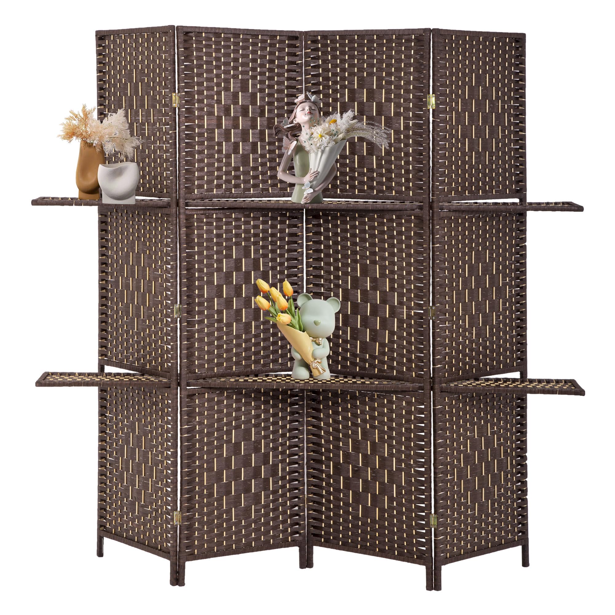 FDW Room Divider 4 Panel Room Screen Divider Wooden Screen Folding Portable Partition Screens Wood with Removable Storage Shelves Color,Brown