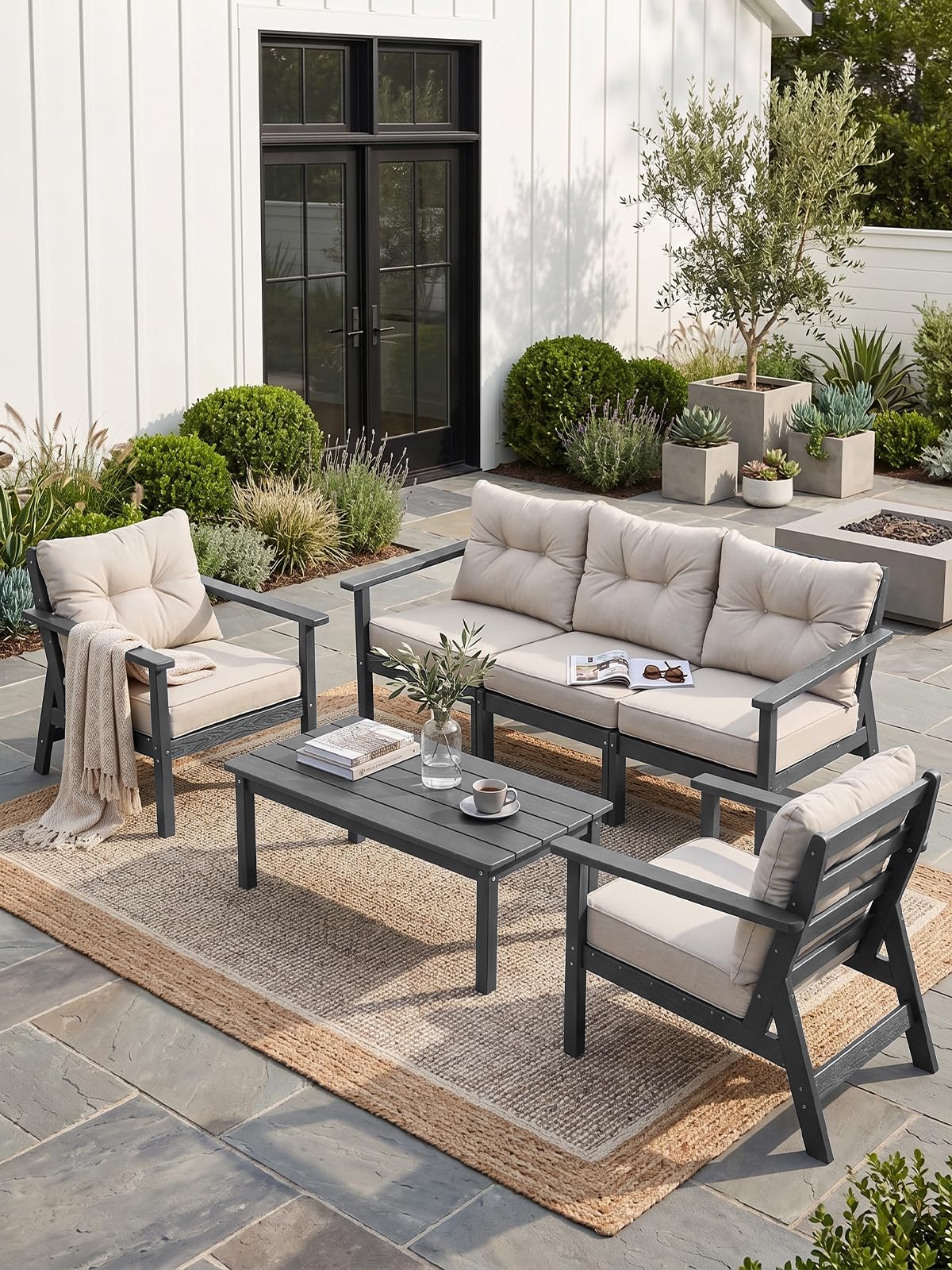 HDPE Patio Conversation Set 7 Seats, Outdoor Furniture Set, Patio Sofa Set | Water-Resistant Thick Cushion, HDPE All Weather, Wood-Grain, No Rot or Rust or Crack, UV Fade Shield, Easy-Clean for Outside