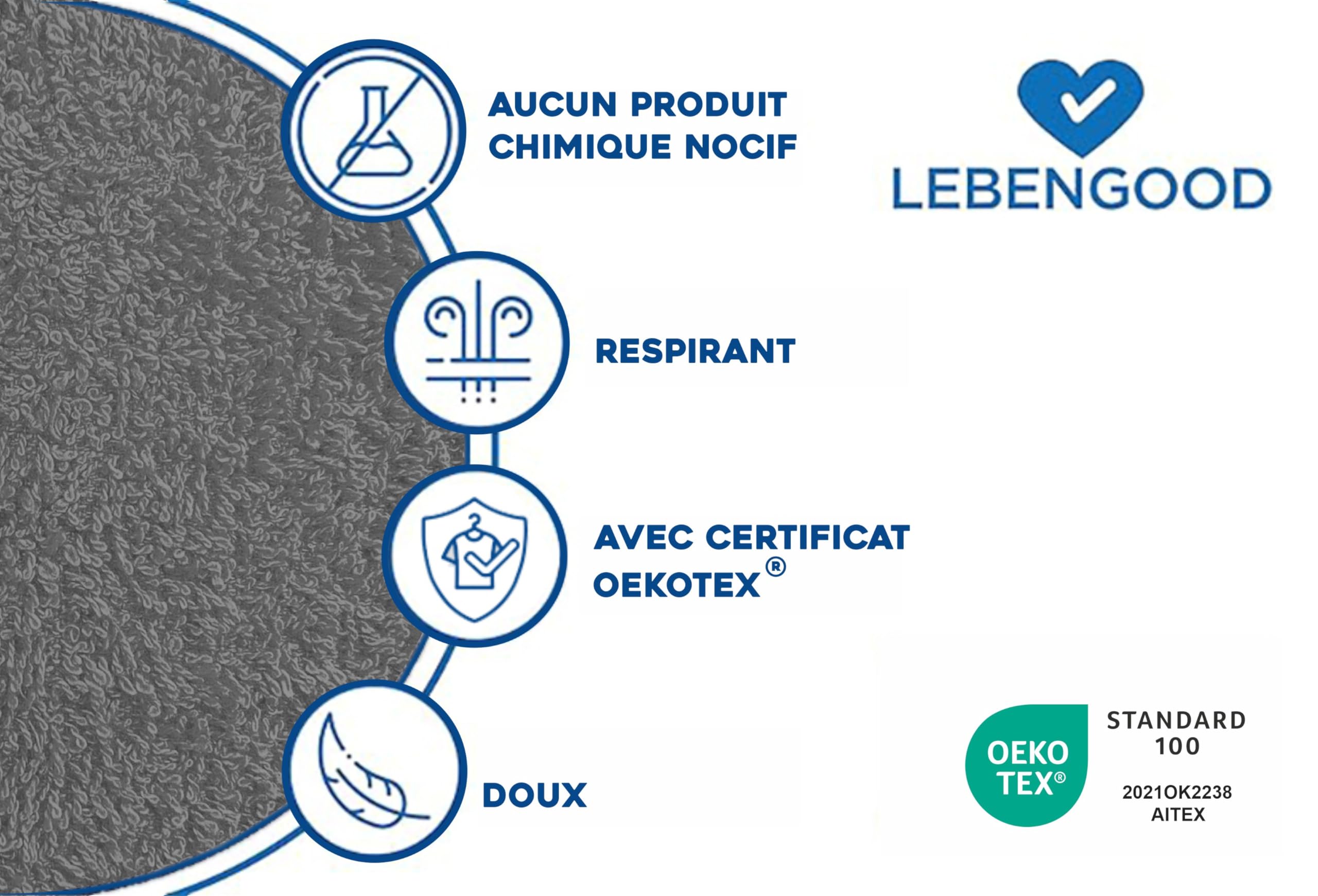 LEBENGOOD Peignoir de bain pour homme 100% coton éponge américain 450 g/m² doux absorbant unisexe vec ceinture poches douche peignoir doux serviette OEKO-TEX