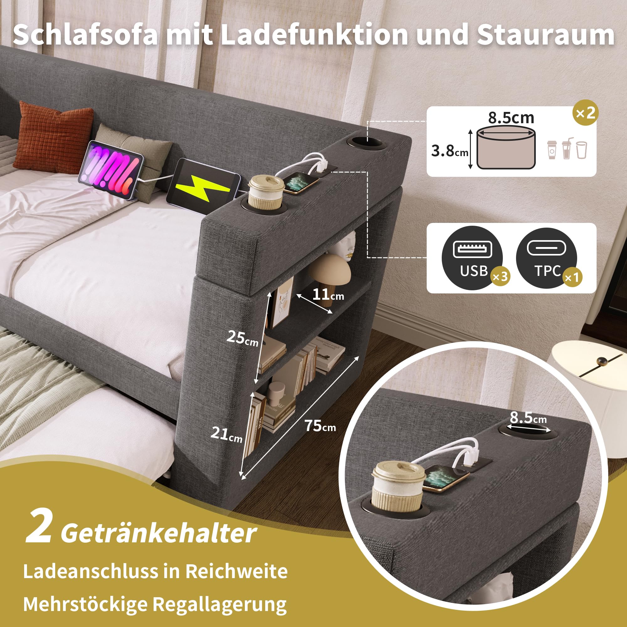 Polsterbett Ausziehbares Schlafsofa 90/180 x 200 cm, Einzelbett Daybett mit USB Type-C Ladefunktion, Armlehnen mit Getränkehalter und Regal, Leinen, ohne Matratze, Dunkelgrau