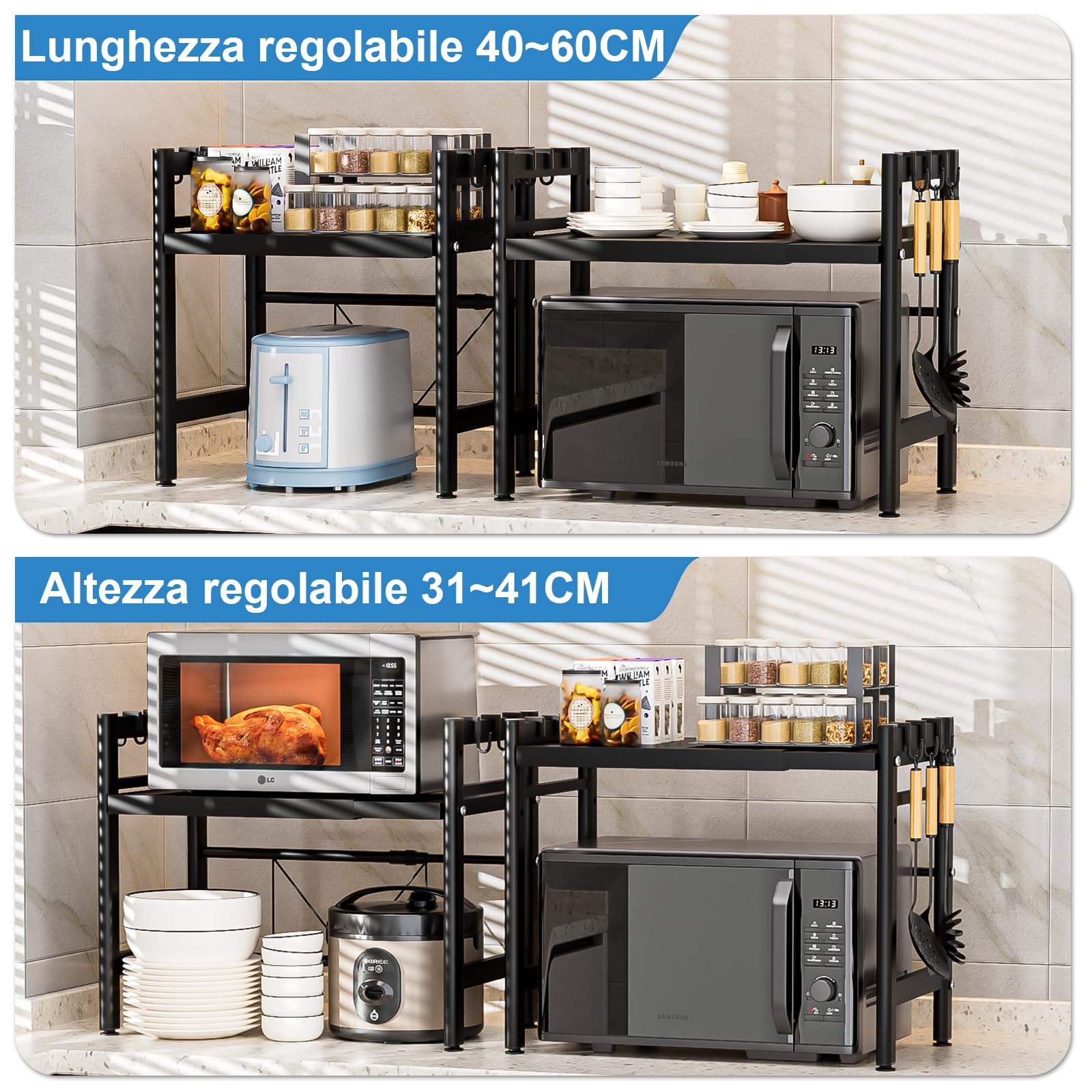 Mensola Microonde Scaffale da Cucina, Ripiani per Microonde con 6 Ganci, Estensibile Porta Microonde,Supporto Microonde
