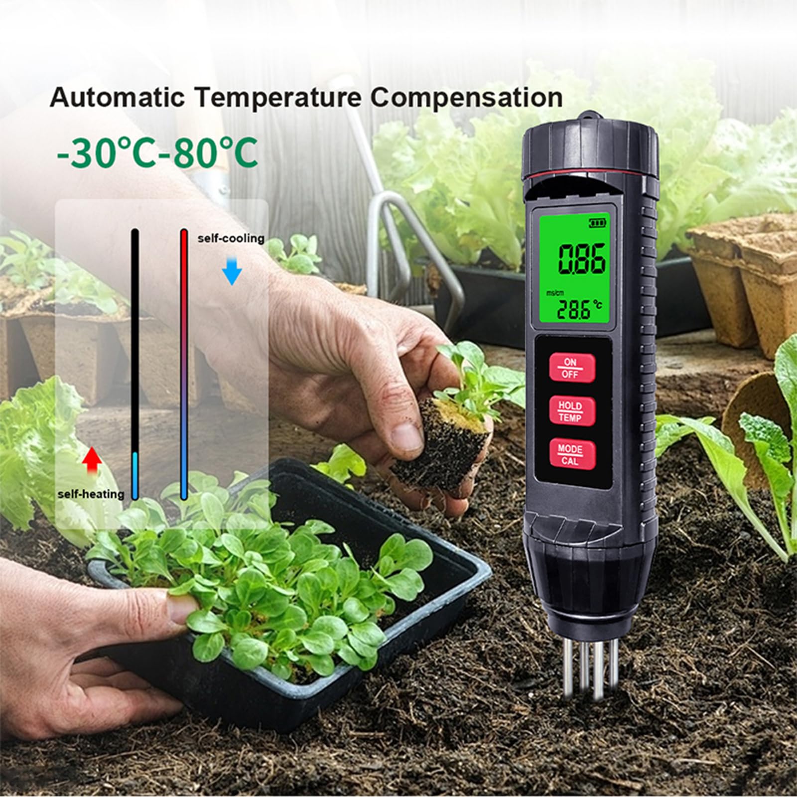 Misuratore di temperatura del suolo portatile per applicazioni in agricoltura e giardino, tester compatto di conducibilità del suolo con rilevamento della temperatura dell'umidità in serre, laboratori