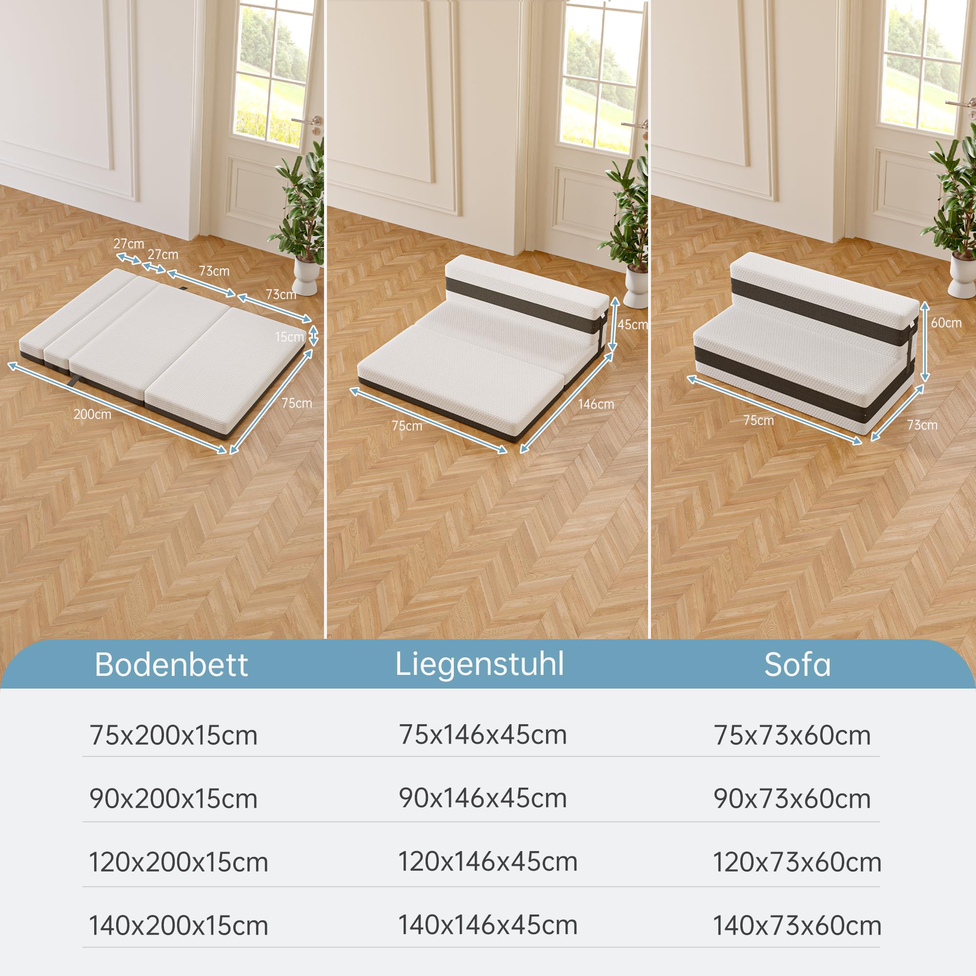TeQsli Gel Faltmatratze 15 cm Höhe, Klappmatratze 75×200, 4-teilige Gästebett & 3-in-1 Schlafsofa mit waschbarem und abnehmbarem Bezug, Klappbett mit Öko-Tex & CertiPUR Zertifiziert