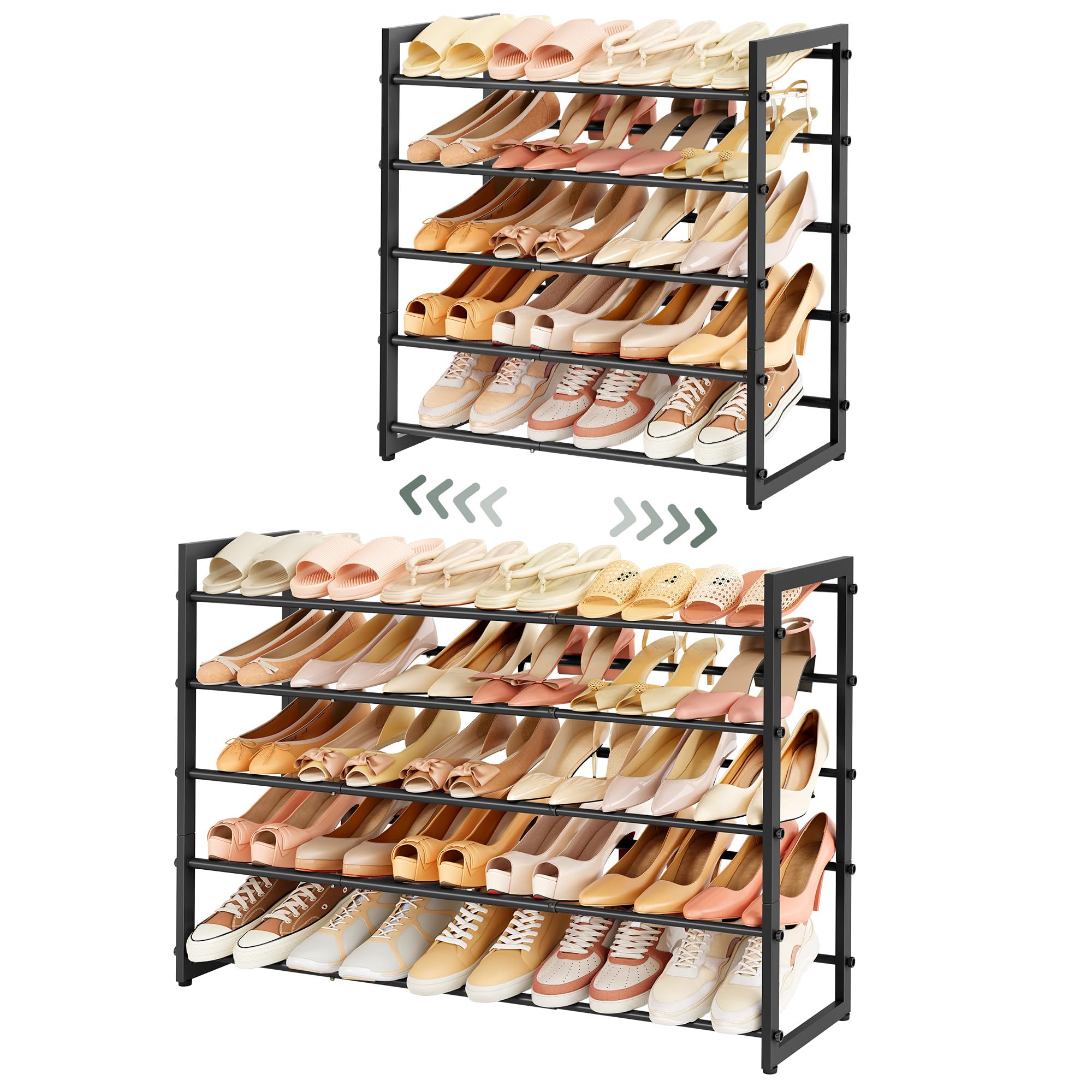 FAVOOSTY 5 Tier Shoe Rack Extendable Metal, Small Shoe Storage Organizer for Closet Inside Wardrobe, Slim Shoe Stand Shelf for Narrow Space Under Stairs Hallway, Black