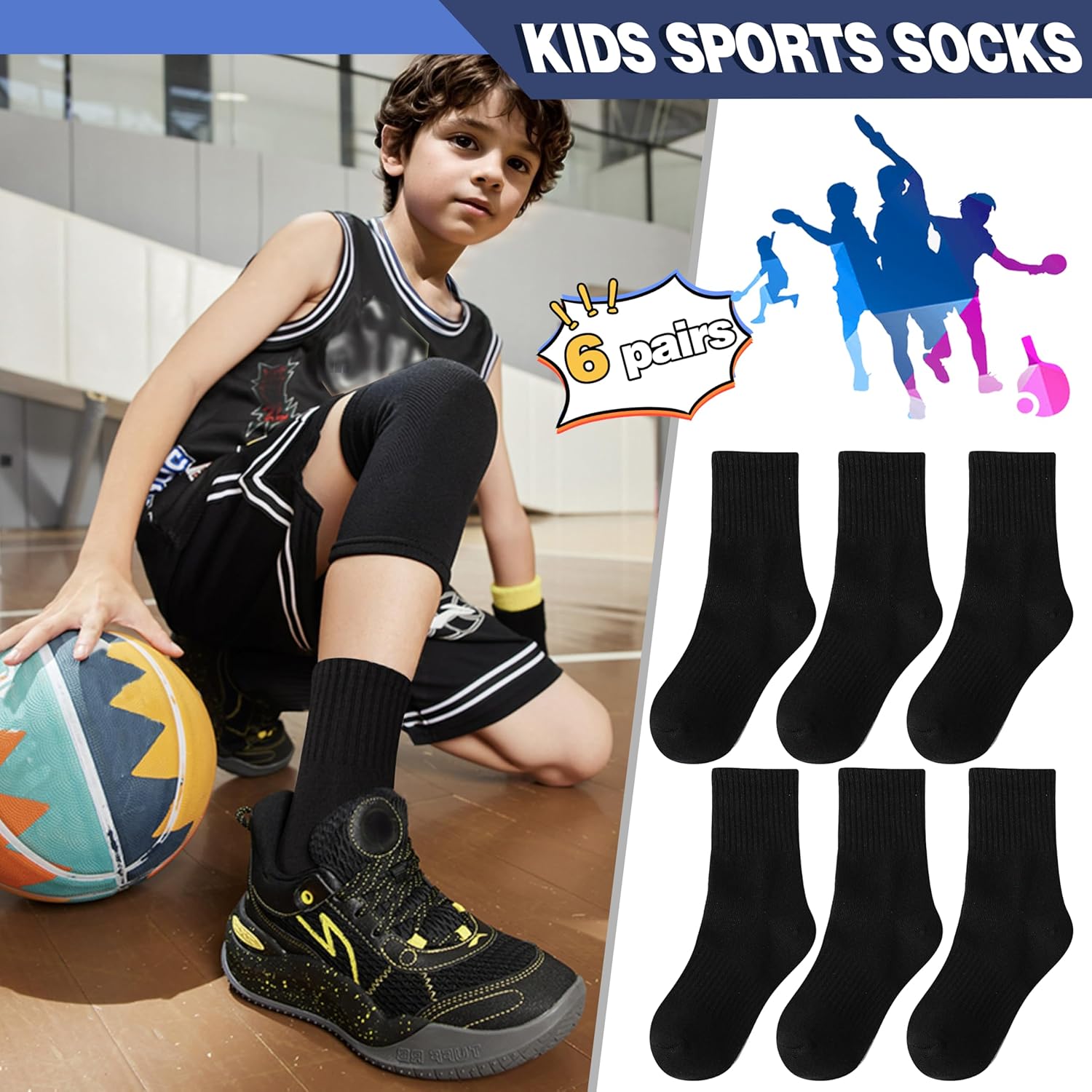 MOGGEI Boys Kids Girls Athletic Socks Basketball Sport Youth Crew Cotton Breathable Outdoor Socks 6 Pairs - Image 2