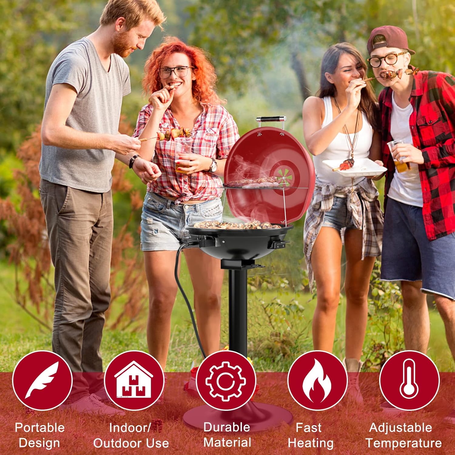 Giantex Electric BBQ Grill 1600W, Removable Non-Stick Grill Rack, Warming Rack, Oil Drip Tray, Adjustable Temperature, Portable Outdoor Electric Grill for Camping Picnic Tailgating, Red & Black