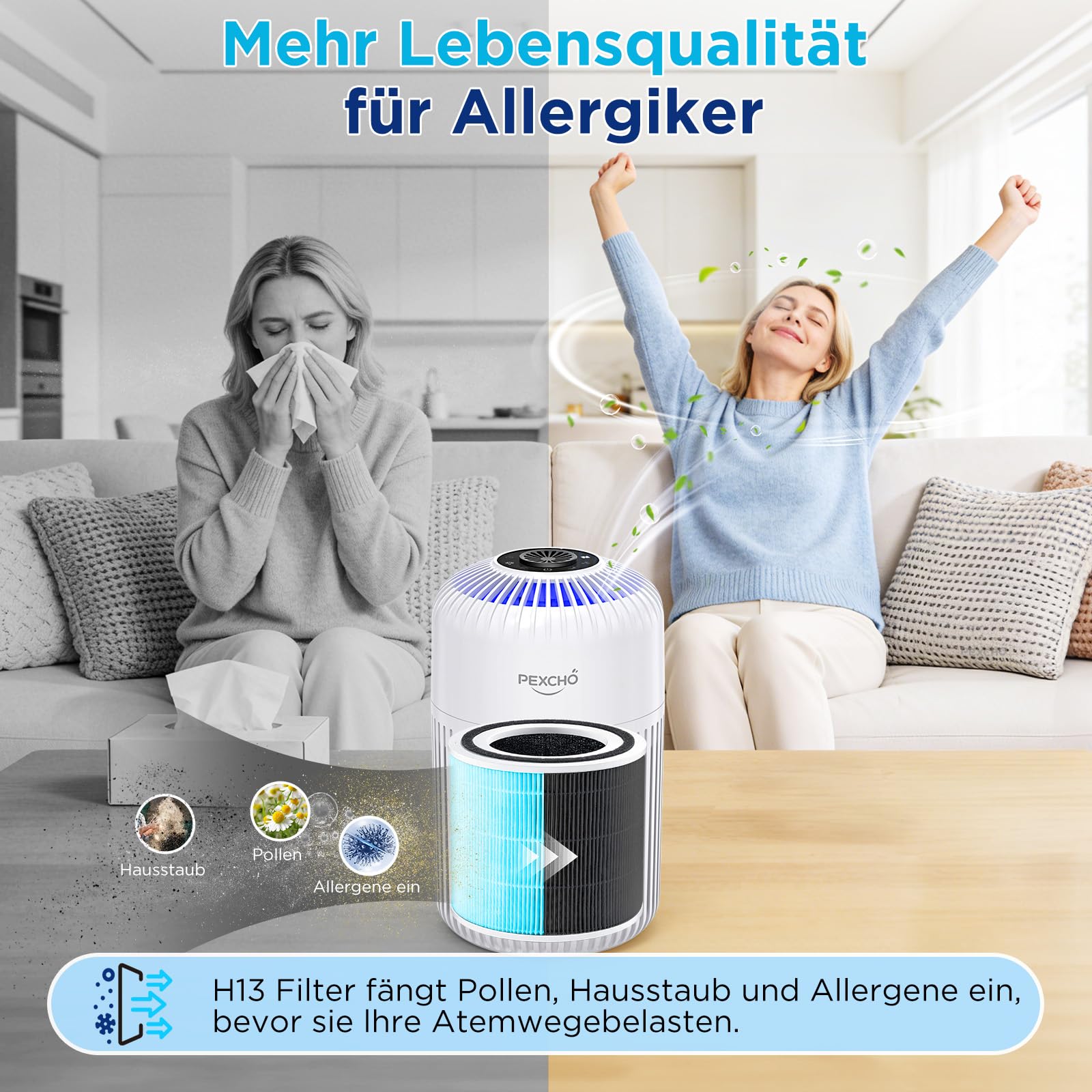 PEXCHO Luftreiniger Allergiker, 4-in-1 HEPA Filter, bis 35㎡ Aroma | App-Steuerung, Timer, 12W Aktivkohle Luftfilter entfernt 99,97% Allergene, Pollen, Tierhaare und Gerüche, Nachtlich leise