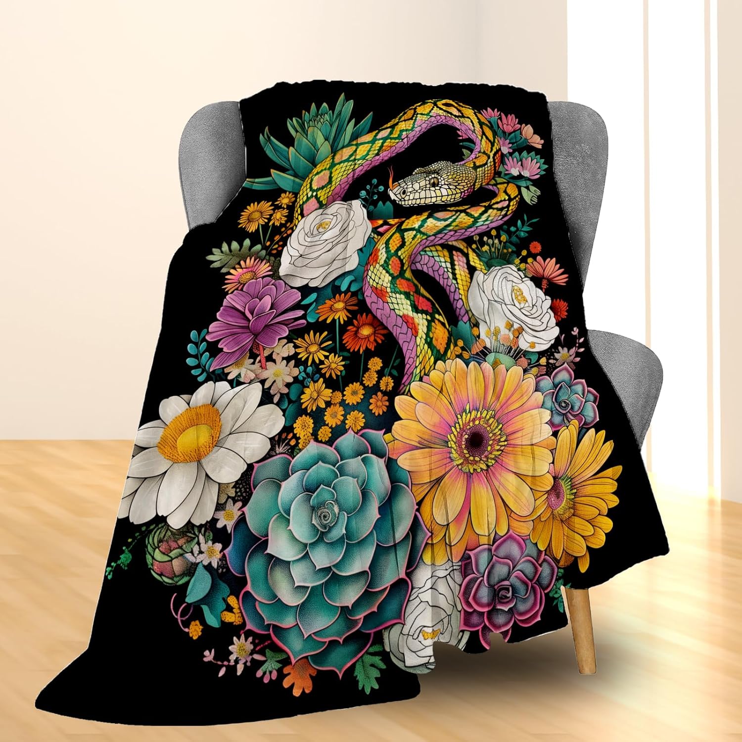 Snake with Colorful Flowers Blanket - Soft Cozy Lightweight Flannel Throw Blanket for Adults Kids, Warm Fluffy Fuzzy Blankets for Couch, Bed, Travel, Outdoor Use, Home Decor 60×50 in - Image 2