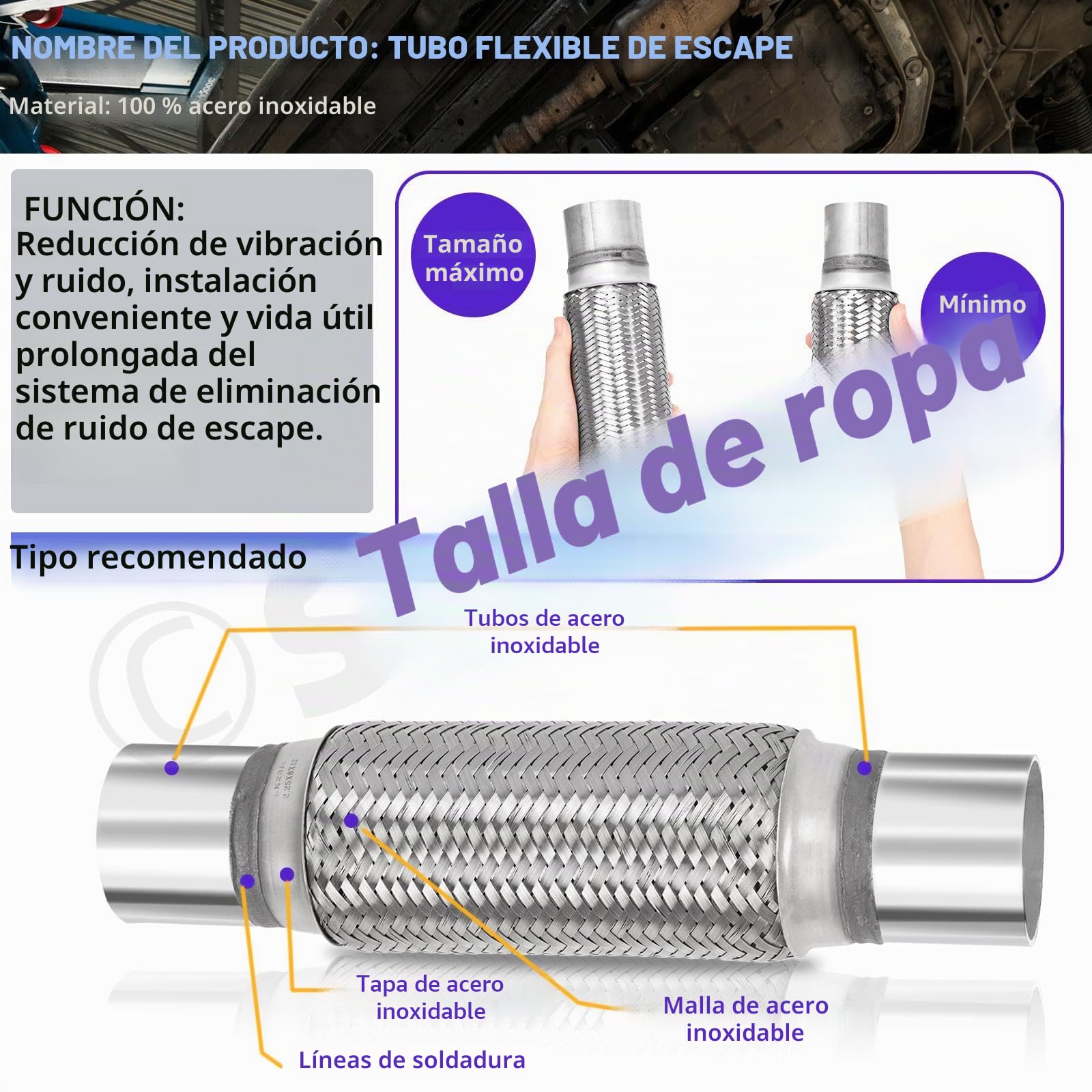 Swpeet 3 piezas tubo flexible de escape de 2,5 x 6 pulgadas con kit de abrazadera en U de escape de 2,5 pulgadas, tipo universal de acero inoxidable de doble trenza, tubo flexible de escape ideal para