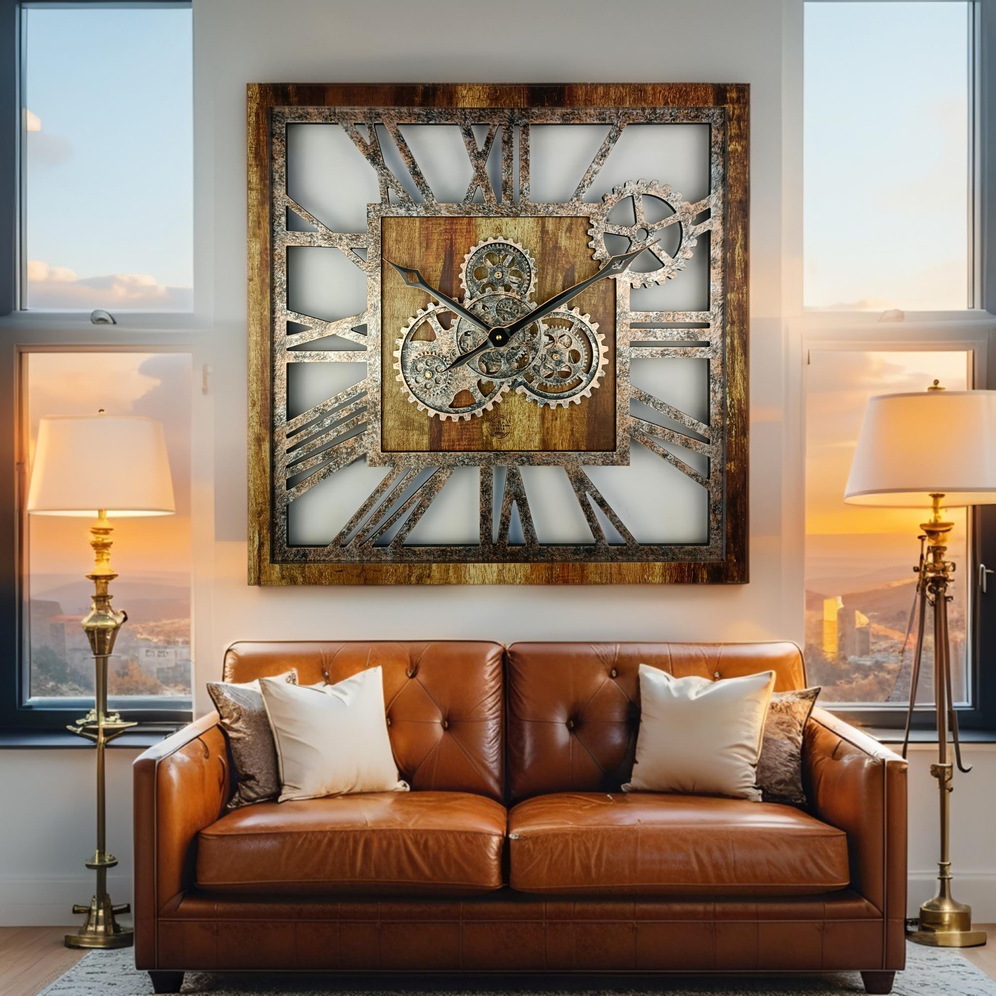 ImprovingLife The Gears Clock - Reloj de pared cuadrado de 61 cm con engranajes reales en movimiento, diseño vintage industrial extragrande, estilo rústico de granja (marrón vintage)