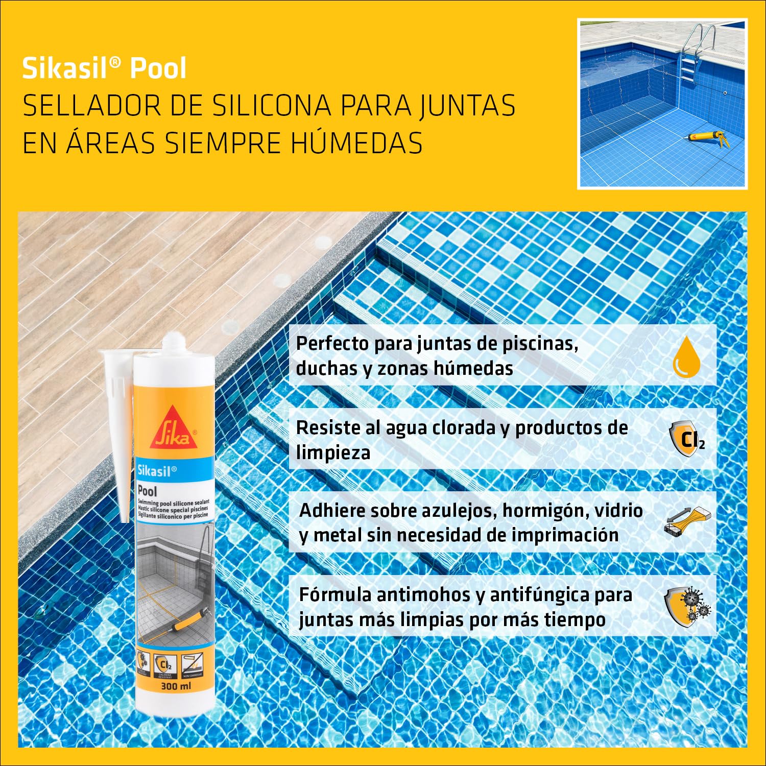 SIKA - Sellador de Silicona neutra para juntas en piscinas - Sikasil Pool - Gris - Alta resistencia al cloro y antifungicida - 300ml