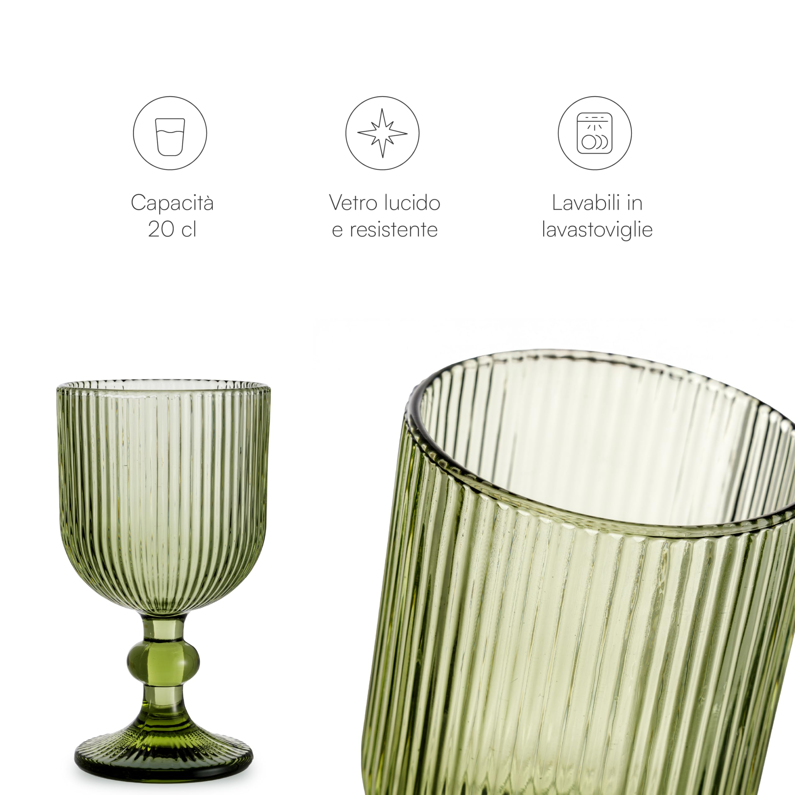 Baroni Home Set 6 pz di Calici in Vetro Colorati e Decorati con Righe in Rilievo 20 CL, Calici Eleganti Lavabili in Lavastoviglie, 8x8x14,5 cm, Verde