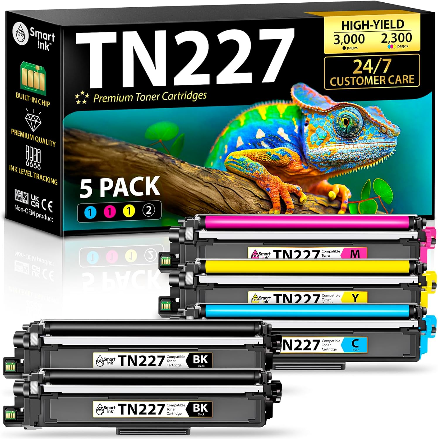Smart Ink Compatible TN227 High Yield Toner Cartridge 5 Pack (2BK/C/M/Y) Replacement for Brother TN-227 TN-223 TN223bk TN227bk to use with MFC-L3770CDW HL-L3290CDW HL-L3270CDW MFC-L3710CW HL-L3210CW