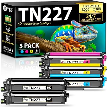 Smart Ink Compatible TN227 High Yield Toner Cartridge 5 Pack 2BK/C/M/Y Replacement for Brother TN-227 TN-223 TN223bk TN227bk to use with MFC-L3770CDW HL-L3290CDW HL-L3270CDW MFC-L3710CW HL-L3210CW